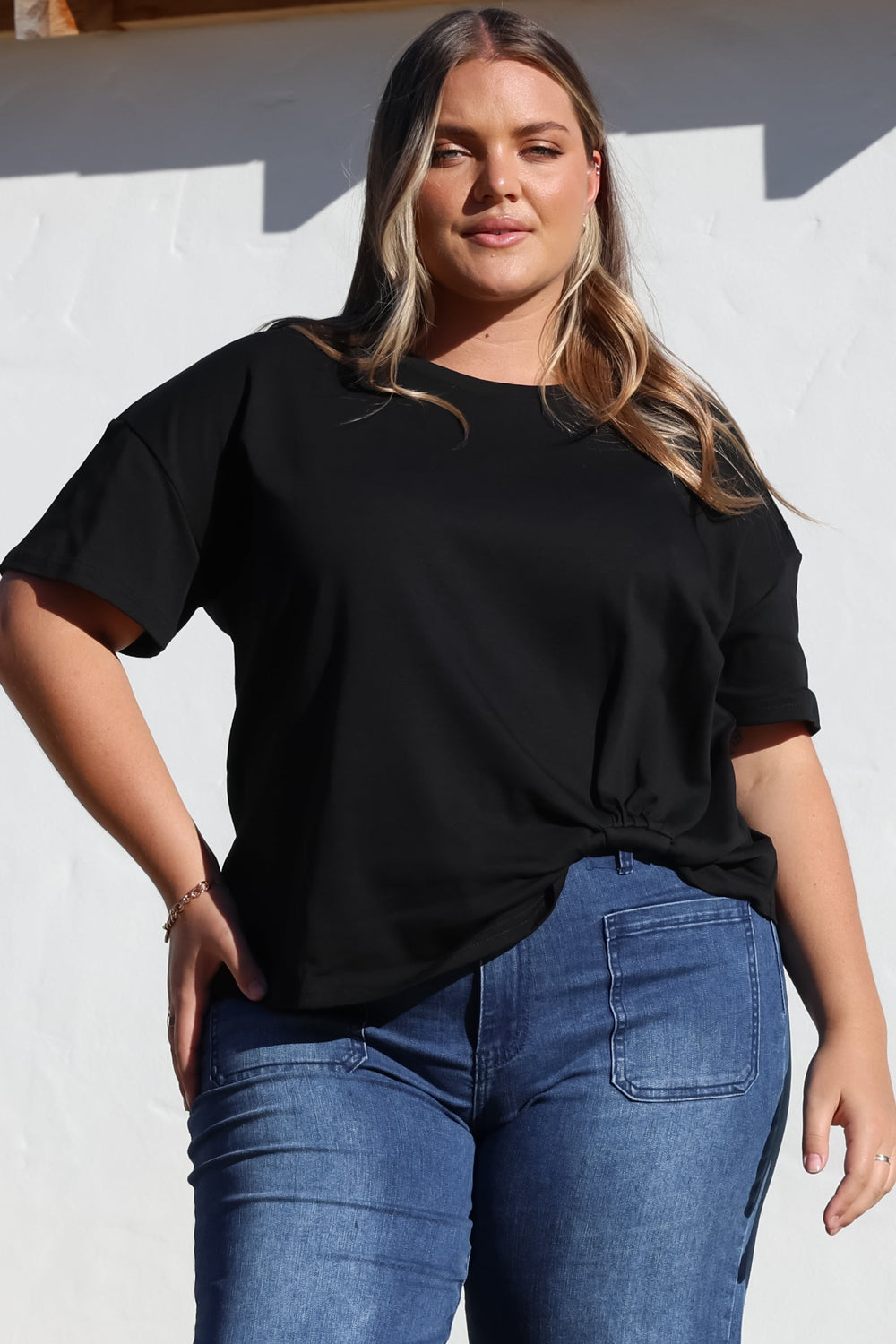 Tuck T-Shirt - Round Neckline Cotton Tee with Gathered Front Detail in Black