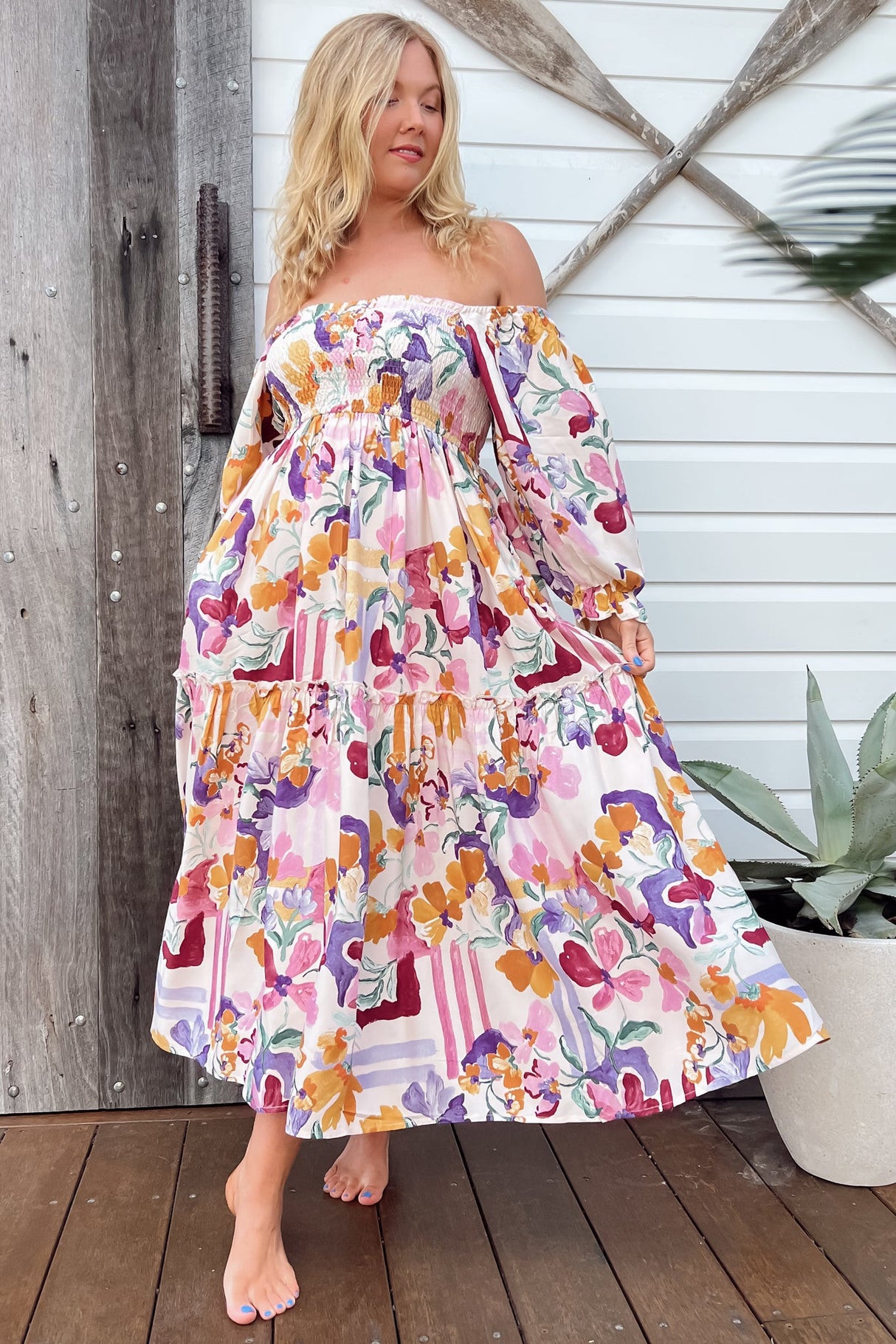 JAASE - Tulli Midi Dress: Shirred Bodice Balloon Sleeve Midi in Sweet Lily Print