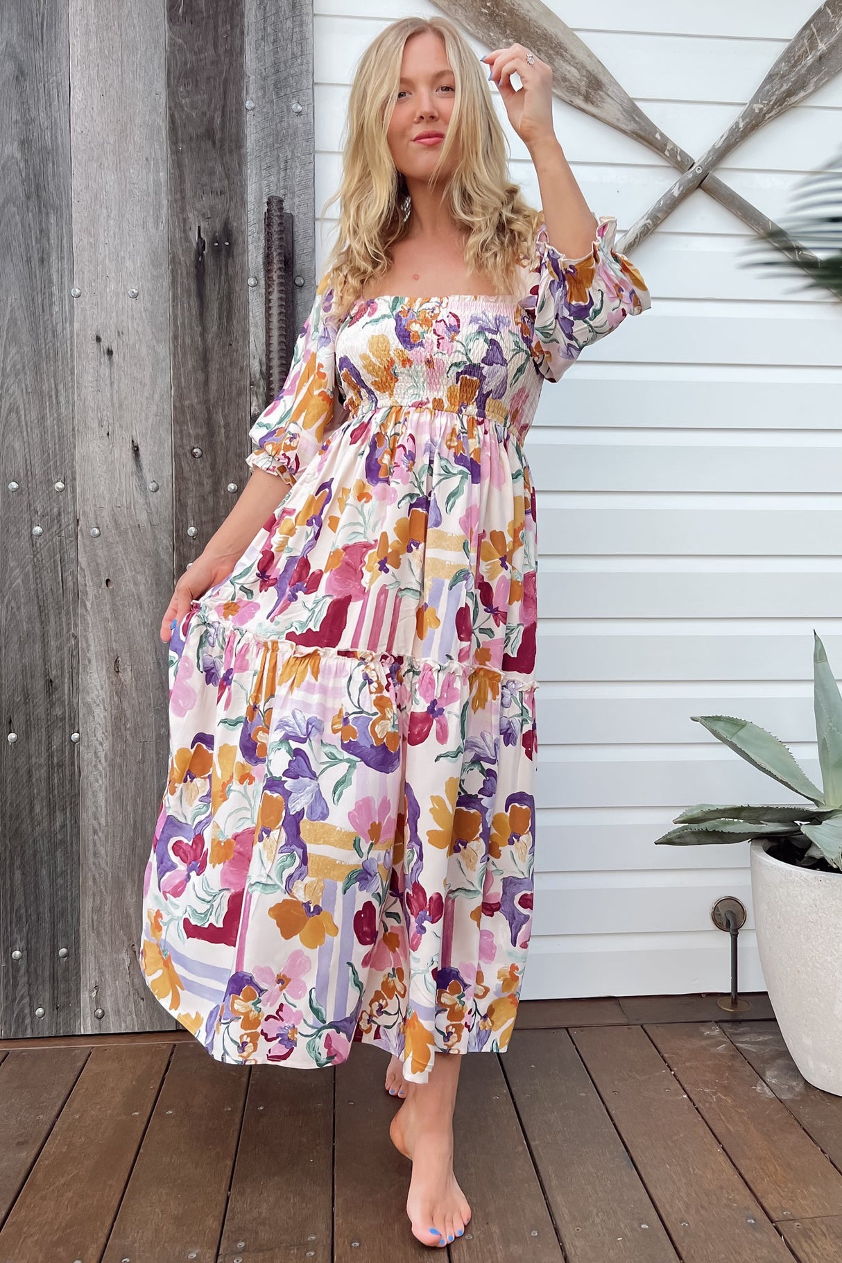 JAASE - Tulli Midi Dress: Shirred Bodice Balloon Sleeve Midi in Sweet Lily Print