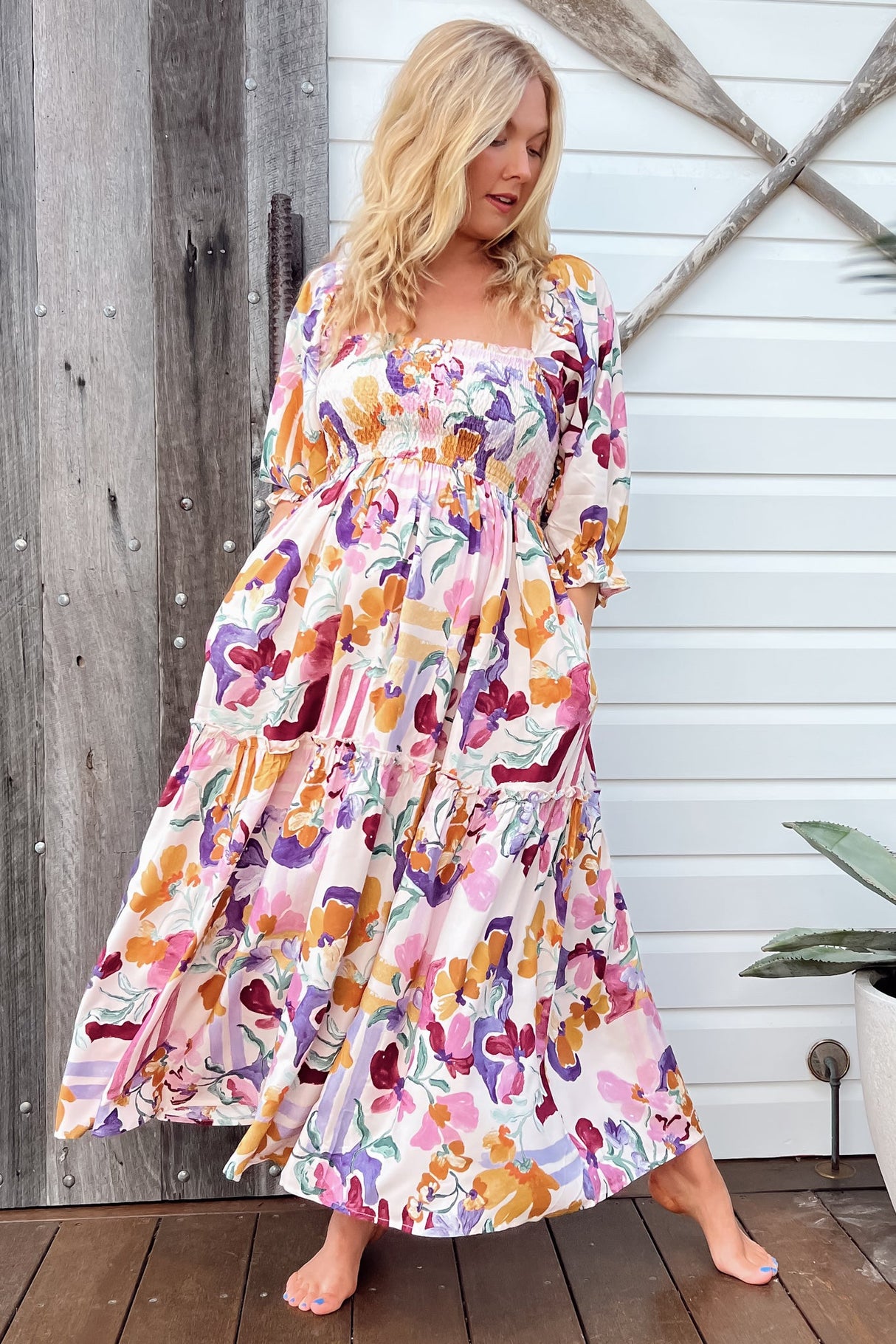 JAASE - Tulli Midi Dress: Shirred Bodice Balloon Sleeve Midi in Sweet Lily Print