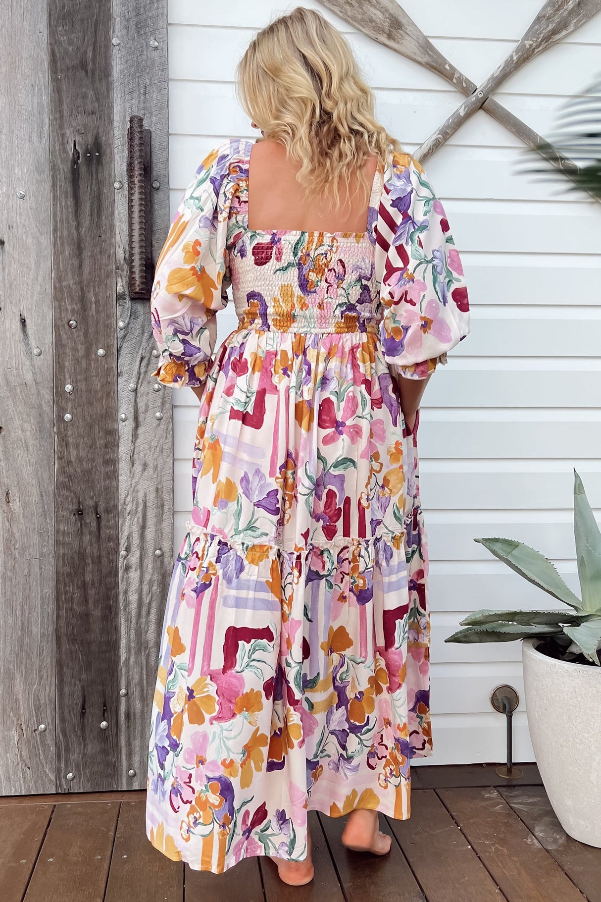 JAASE - Tulli Midi Dress: Shirred Bodice Balloon Sleeve Midi in Sweet Lily Print