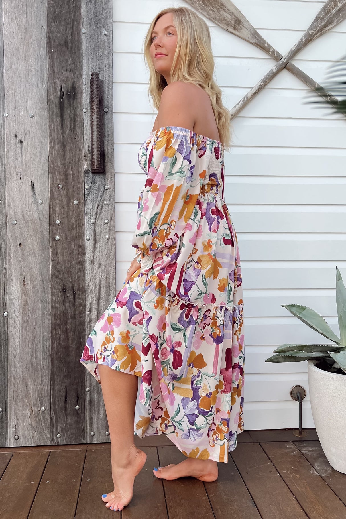 JAASE - Tulli Midi Dress: Shirred Bodice Balloon Sleeve Midi in Sweet Lily Print