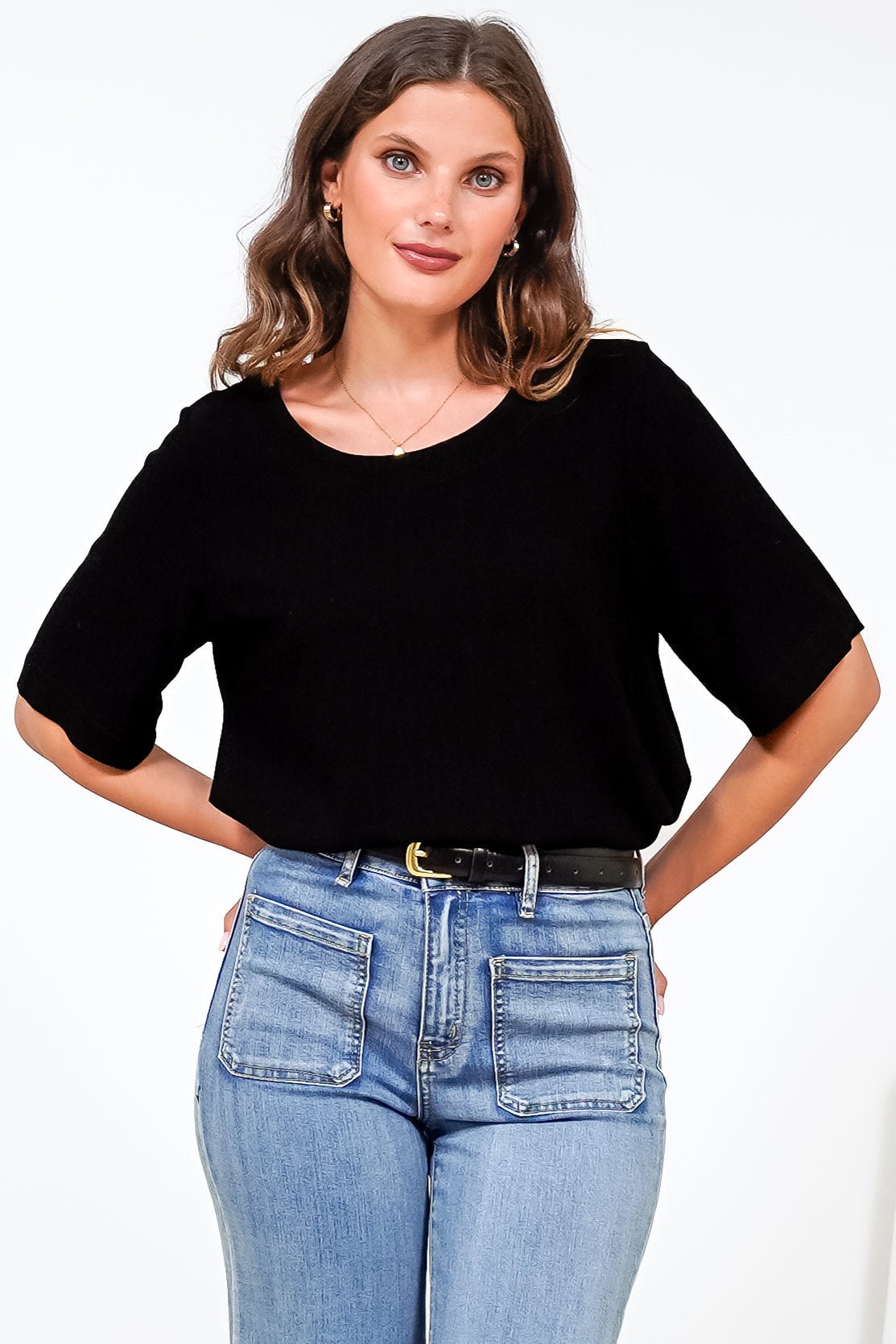 Tustin Top - Round Neck Boxy High Low Top with Short Sleeves in Black