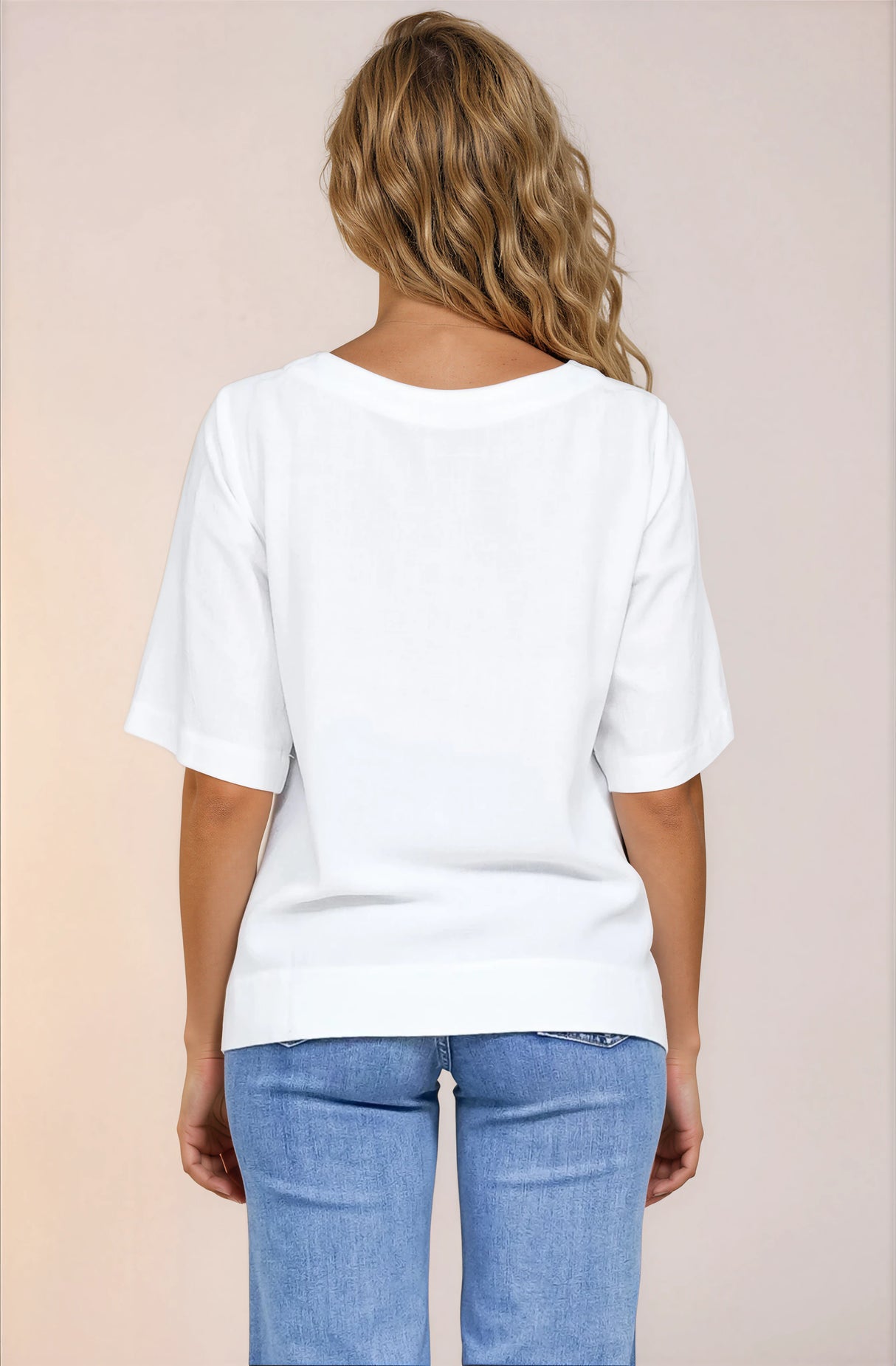 Tustin Top - Round Neck Boxy High Low Top with Short Sleeves in White