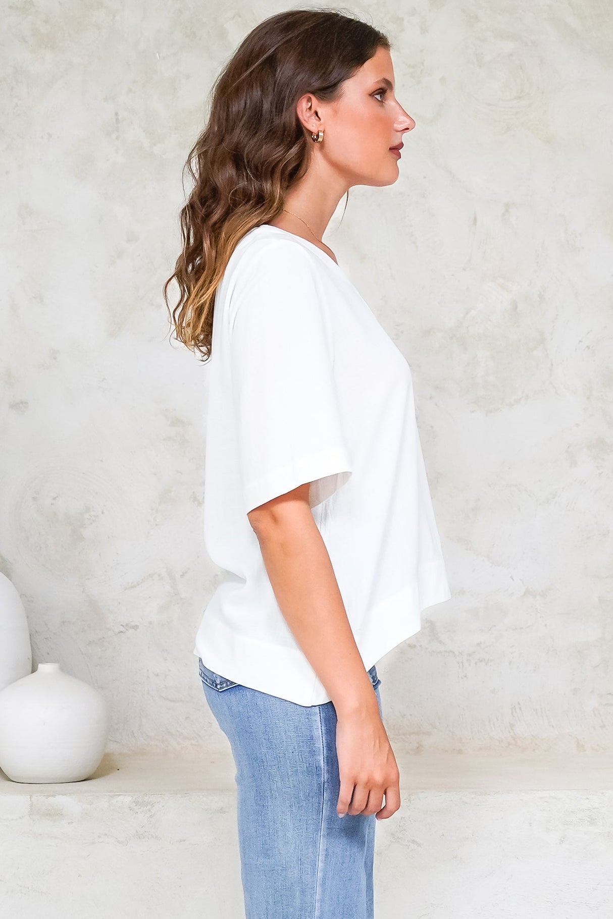 Tustin Top - Round Neck Boxy High Low Top with Short Sleeves in White
