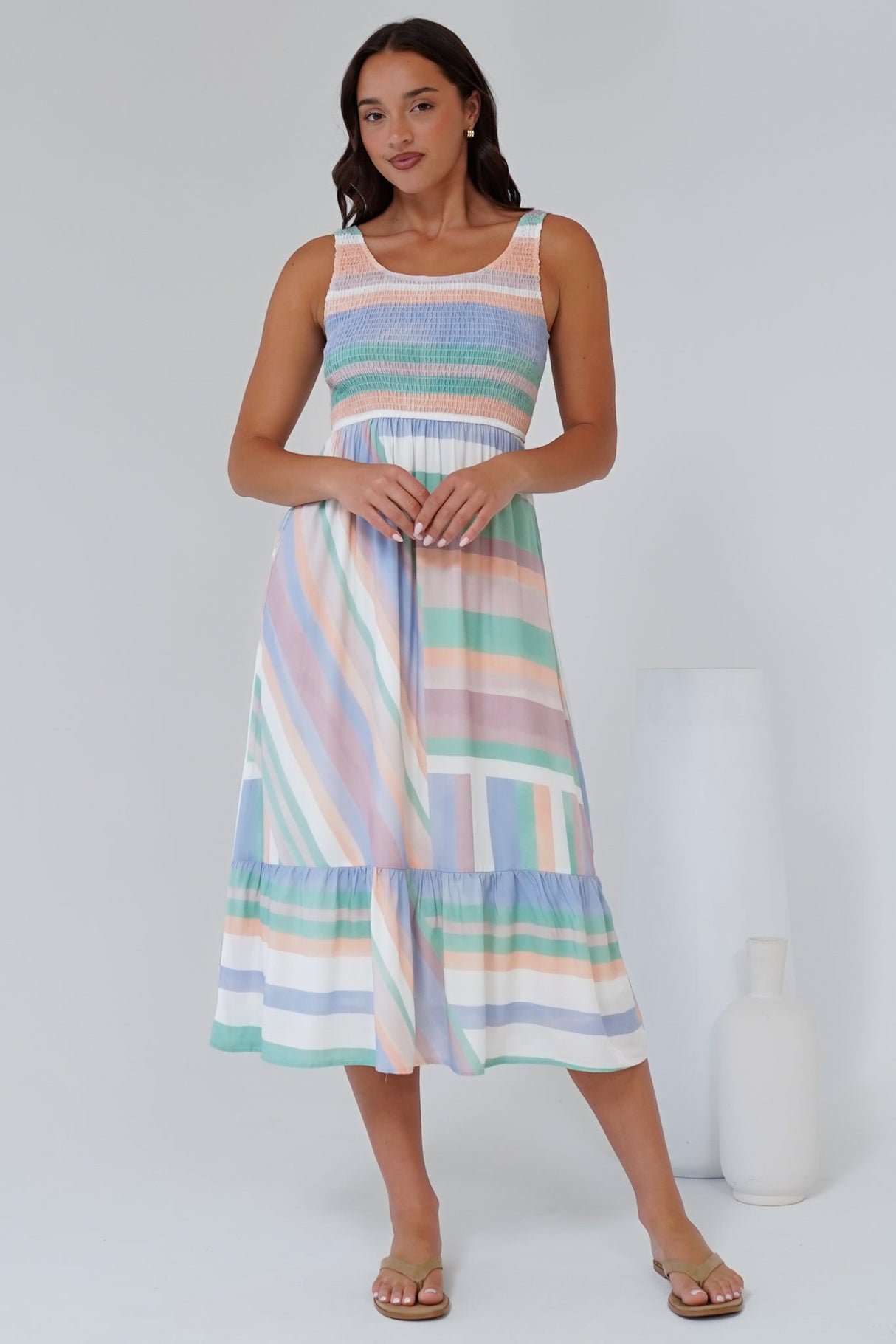 Tya Midi Dress - Elasticated Bodice Tiered Sun Dress in Sundae Print