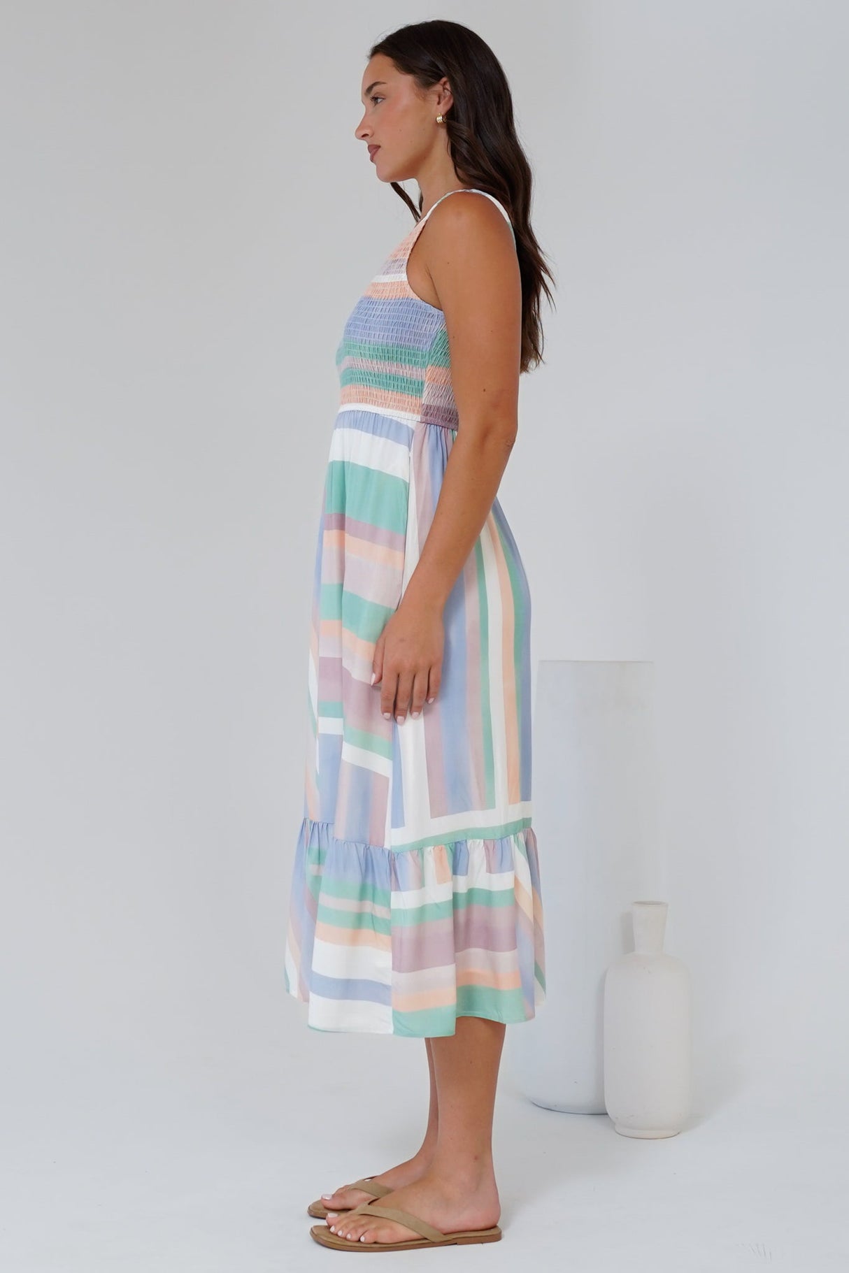 Tya Midi Dress - Elasticated Bodice Tiered Sun Dress in Sundae Print