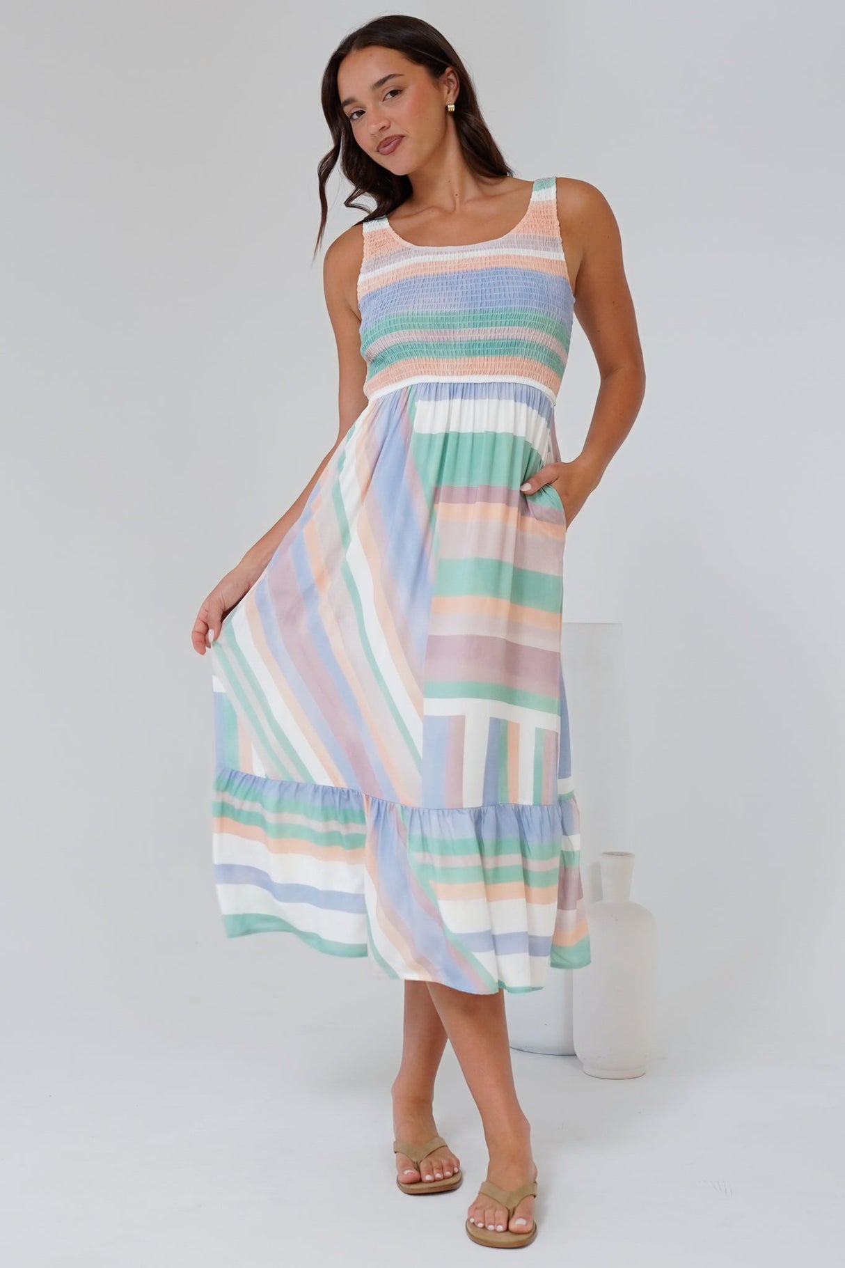 Tya Midi Dress - Elasticated Bodice Tiered Sun Dress in Sundae Print