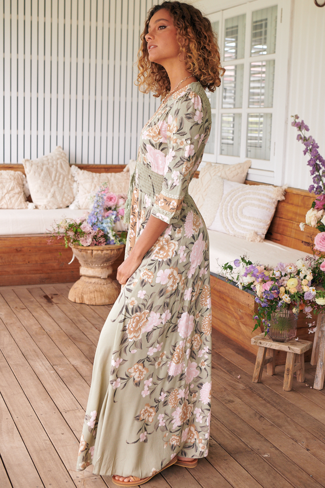 Indiana Maxi Dress - Lace Back Shirred Waist A Line Dress with Handkerchief Hemline in Adore You Print