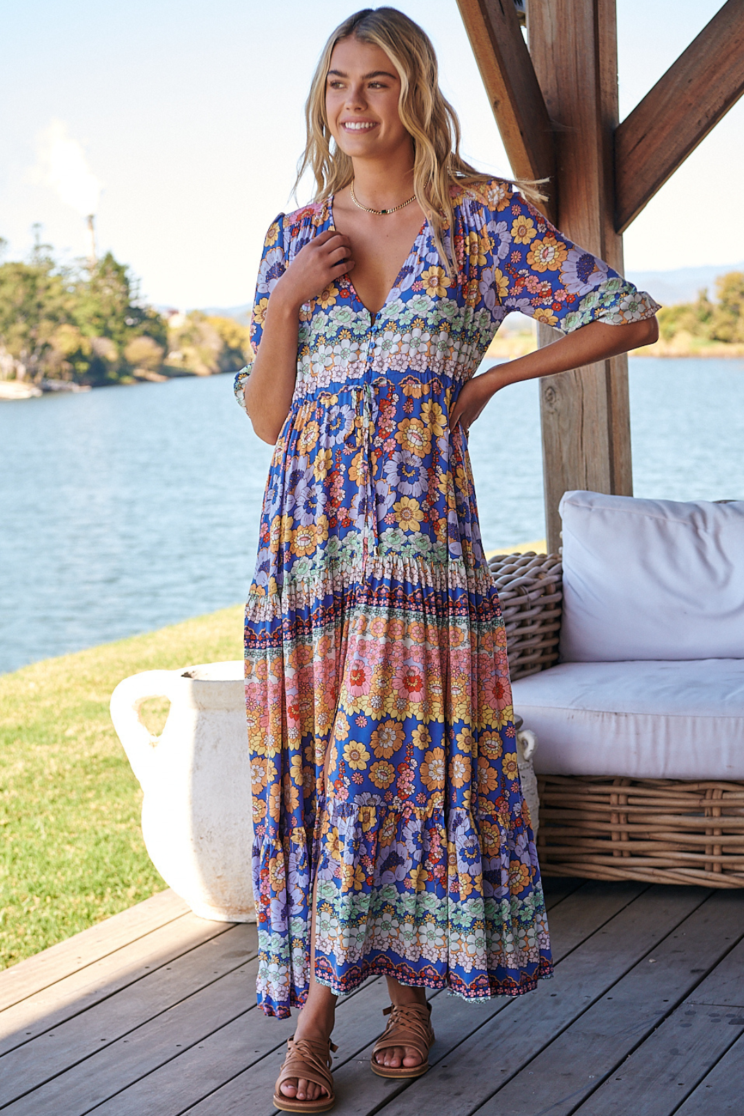 Tessa Maxi Dress - A Line Pull Tie Waist Dress in Eden Print