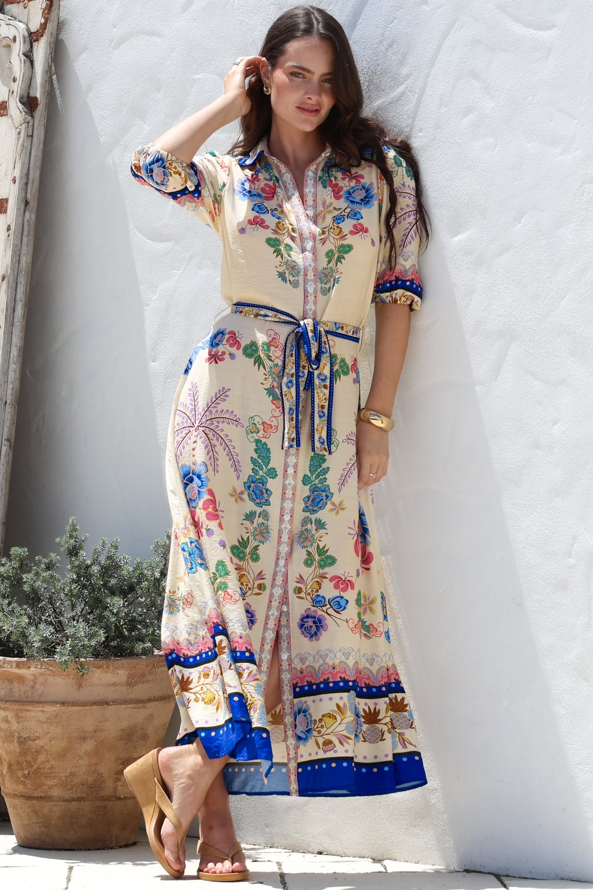 Vada Maxi Dress - Short Sleeve Shirt Dress with Matching Belt in Quinlan Print