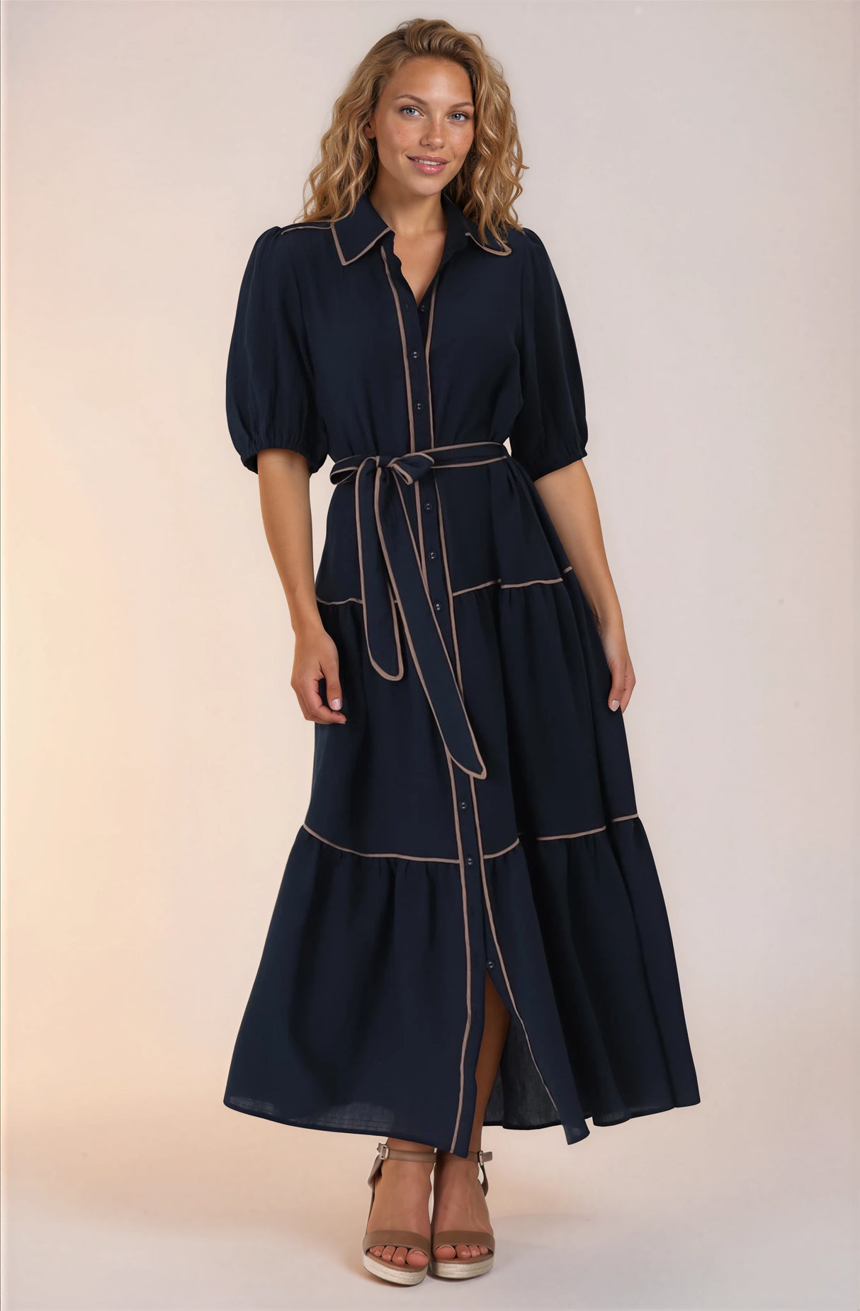 Valencia Maxi Dress - Collared Tiered Button Down Dress with Contrast Trim in Navy