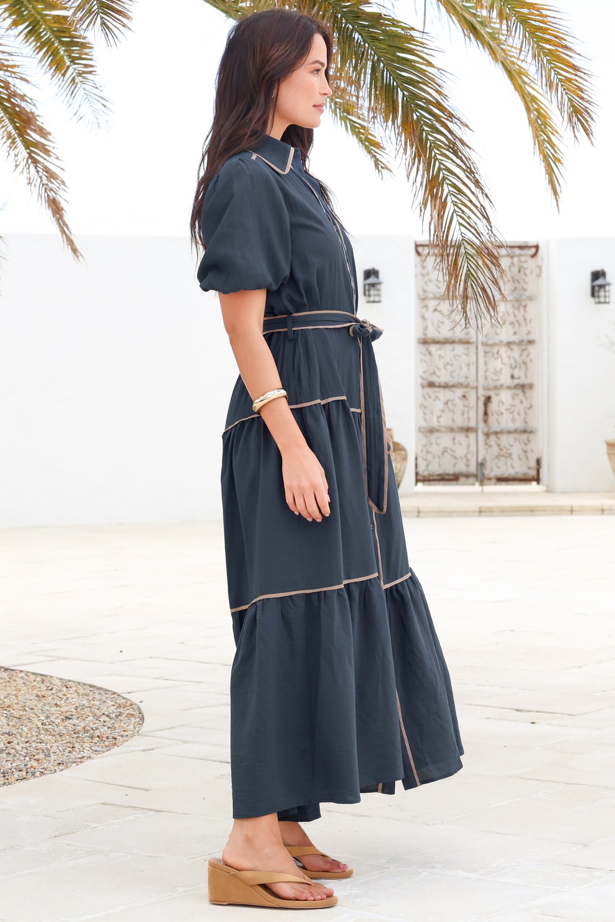 Valencia Maxi Dress - Collared Tiered Button Down Dress with Contrast Trim in Navy