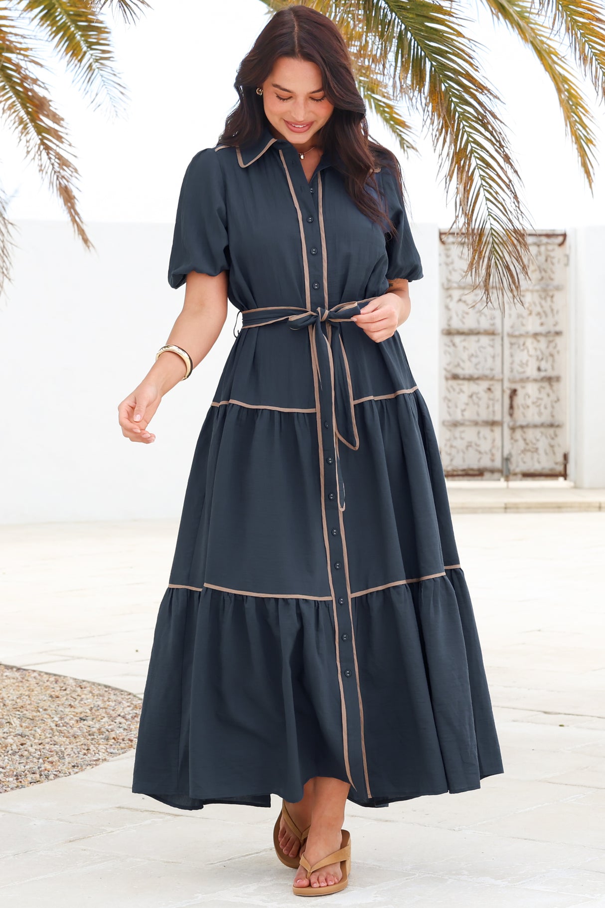 Valencia Maxi Dress - Collared Tiered Button Down Dress with Contrast Trim in Navy
