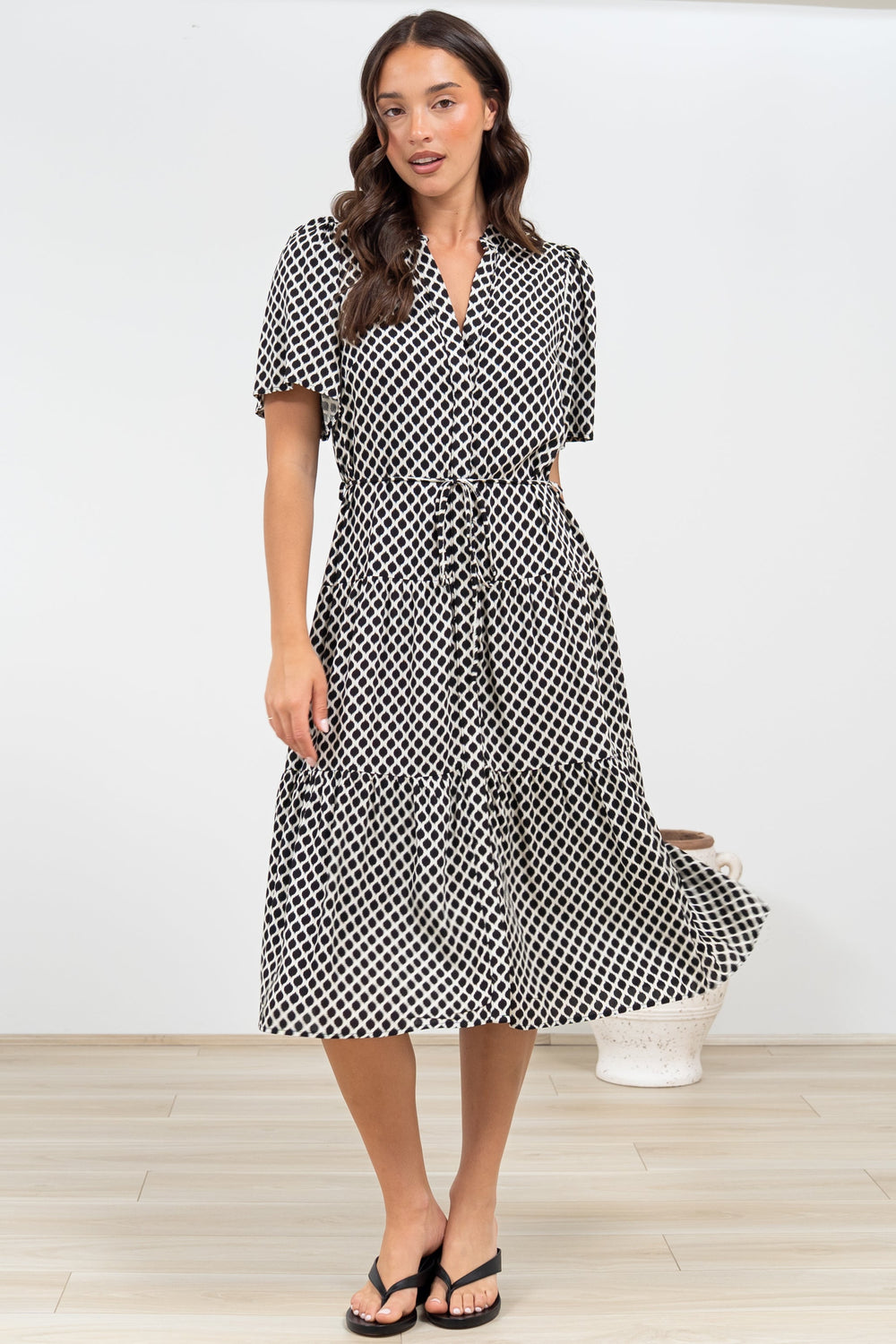 Vania Midi Dress - Tiered Buttoned Down Dress with Matching Belt in Hexy Print Black