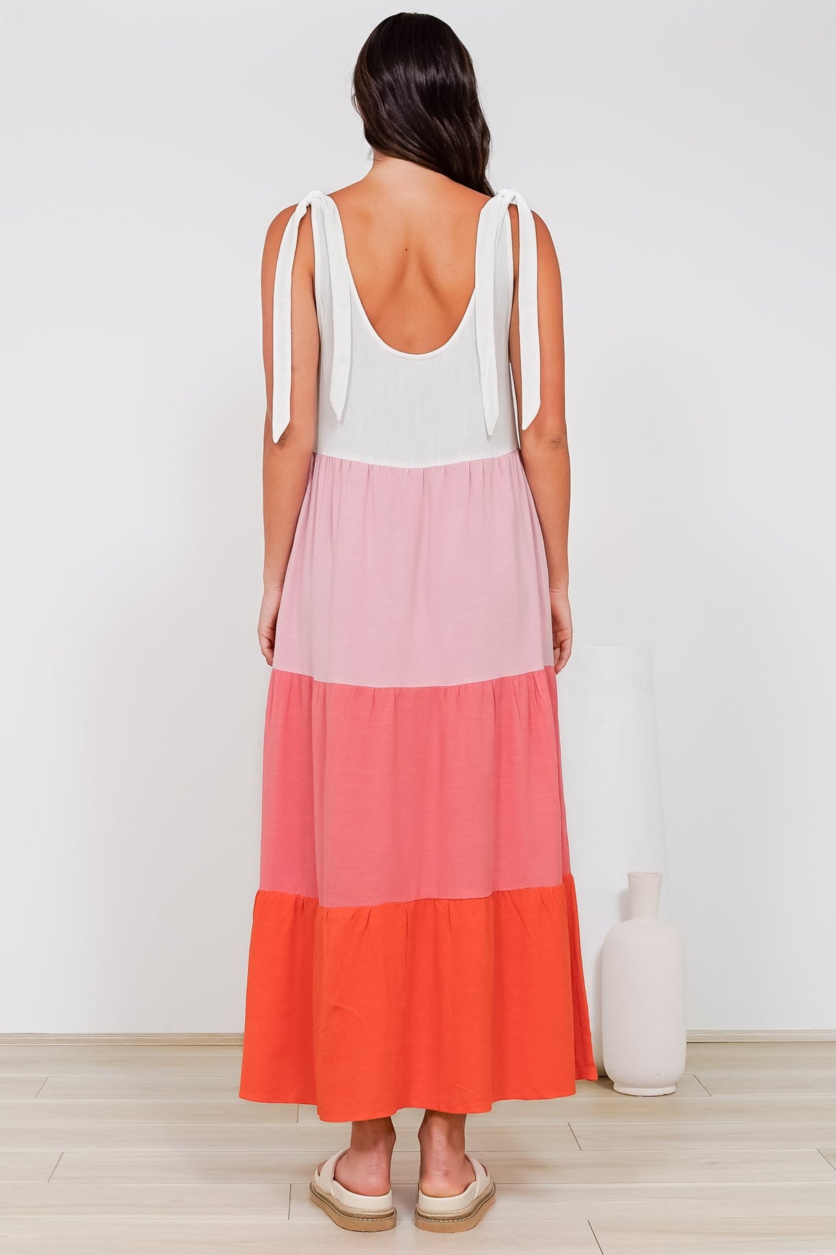 Verona Midi Dress - Tie at Shoulder Straps Sun Dress in Pammy Stripe Print Pink