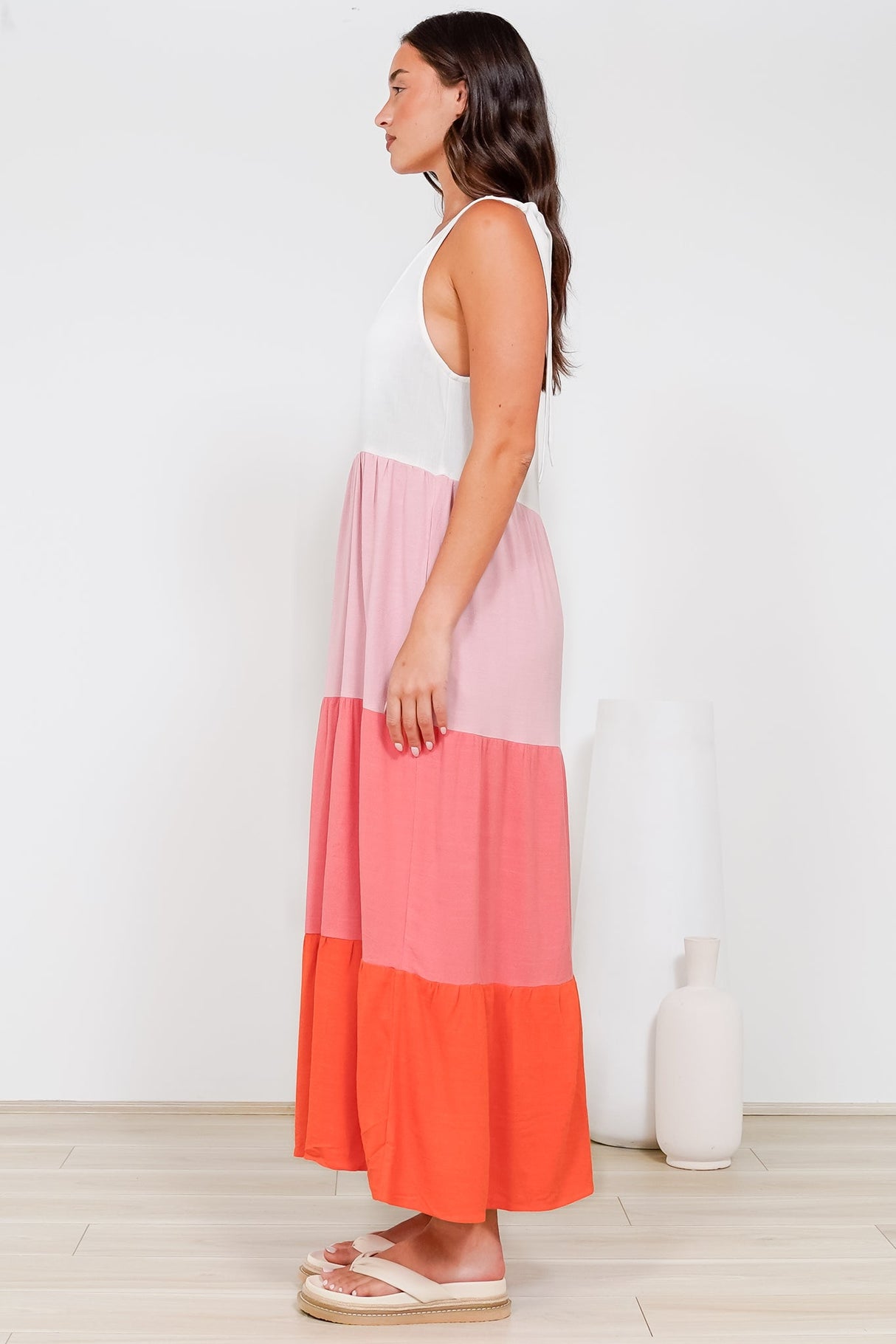 Verona Midi Dress - Tie at Shoulder Straps Sun Dress in Pammy Stripe Print Pink