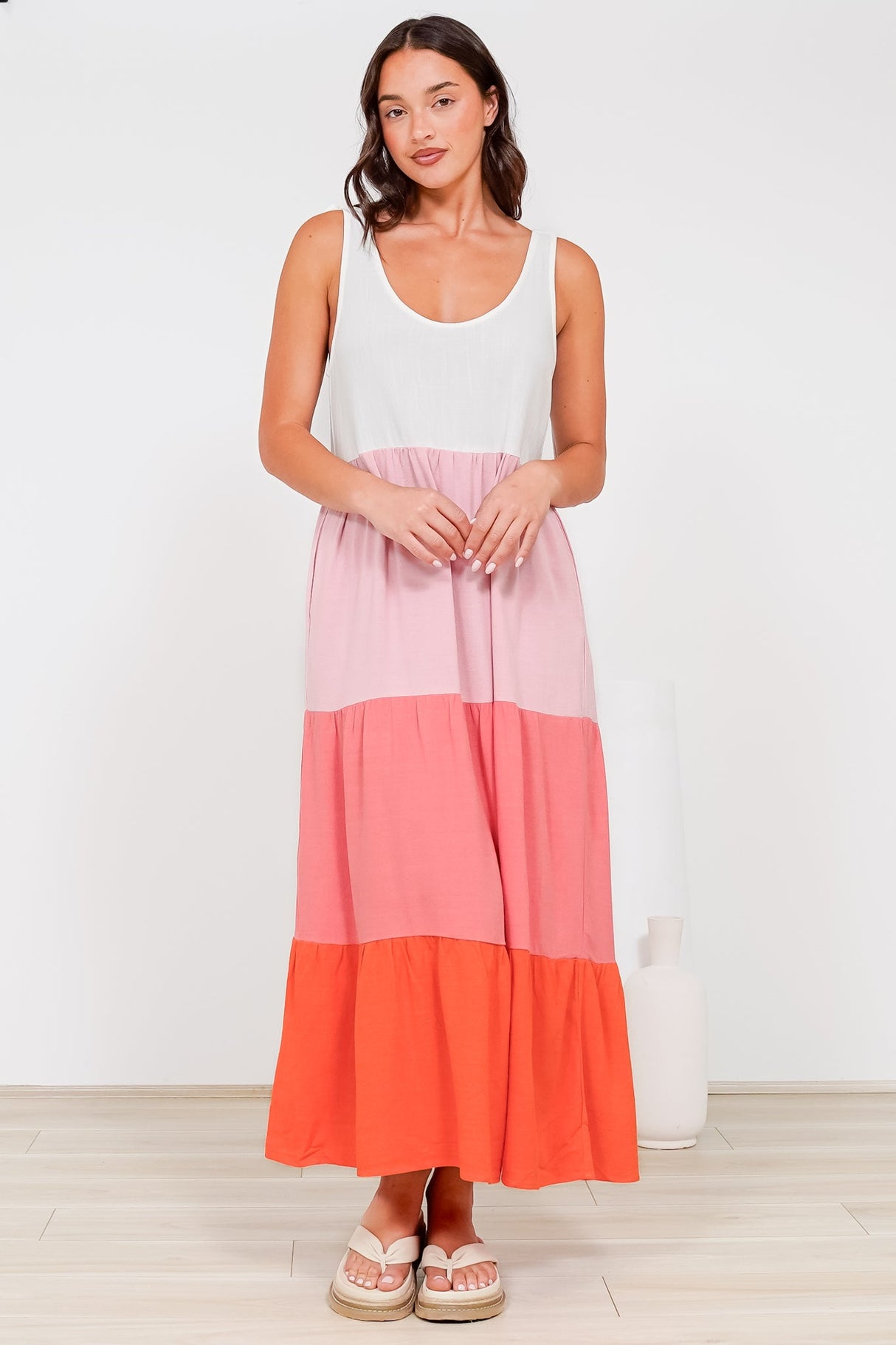Verona Midi Dress - Tie at Shoulder Straps Sun Dress in Pammy Stripe Print Pink