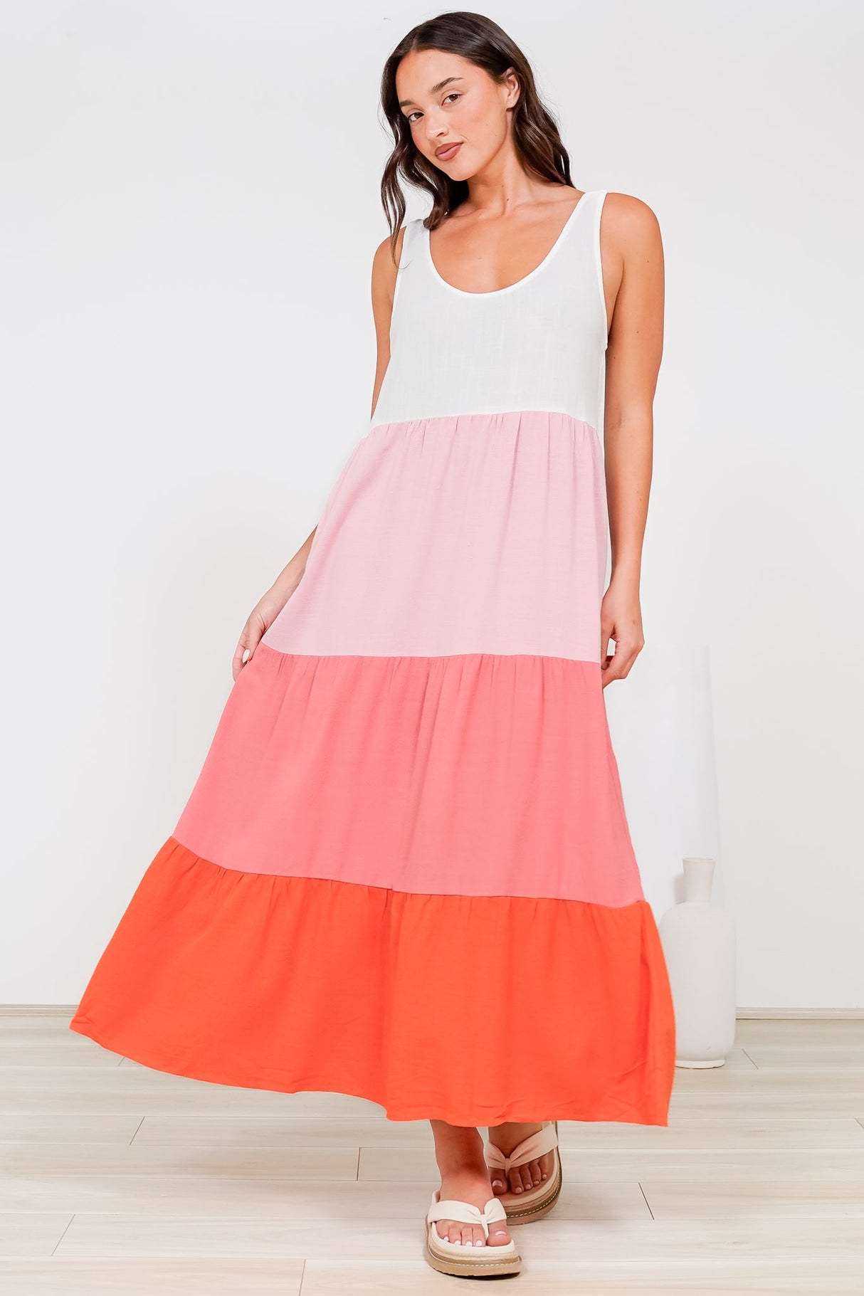 Verona Midi Dress - Tie at Shoulder Straps Sun Dress in Pammy Stripe Print Pink