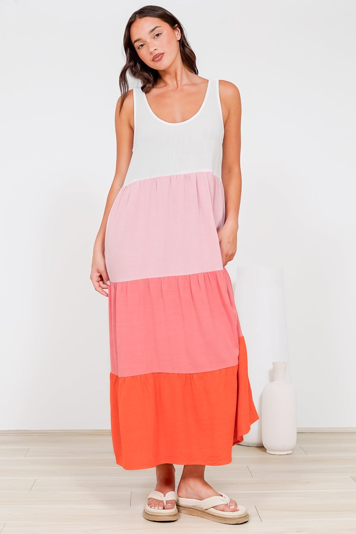 Verona Midi Dress - Tie at Shoulder Straps Sun Dress in Pammy Stripe Print Pink