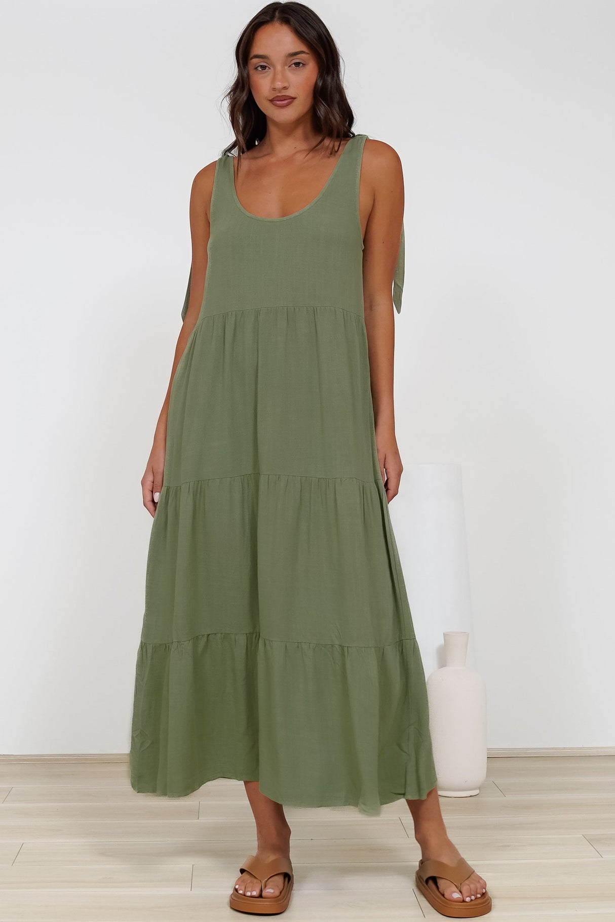 Verona Midi Dress - Tie at Shoulder Straps Sun Dress in Sage