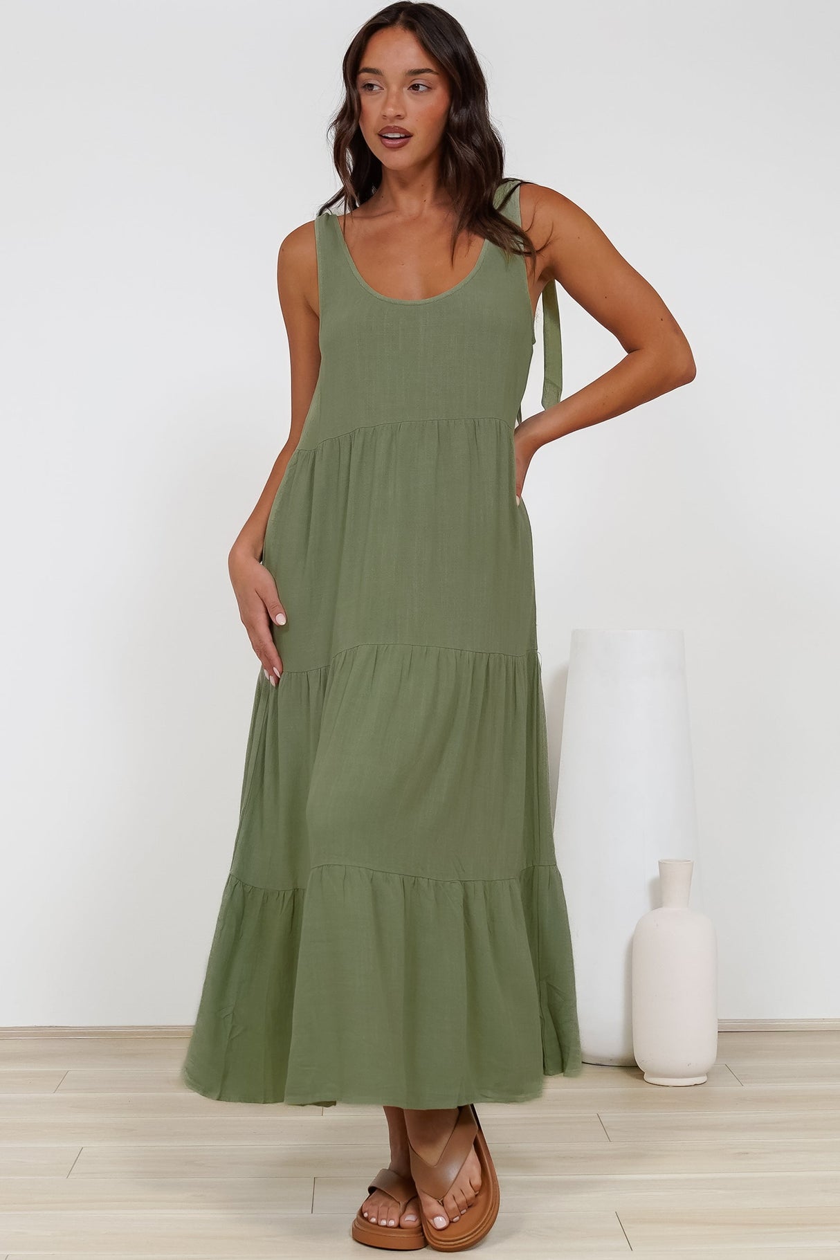 Verona Midi Dress - Tie at Shoulder Straps Sun Dress in Sage