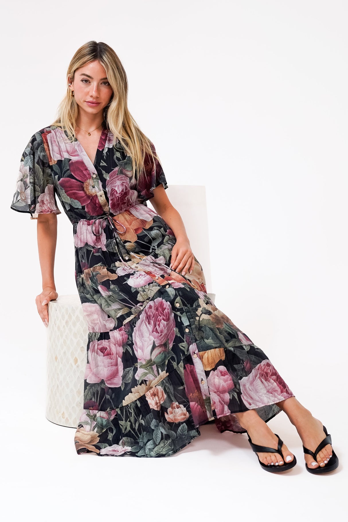 Vesna Midi Dress - Mandarin Collared Flutter Sleeve Shirt Dress with Waist Tie in Annalisa Print
