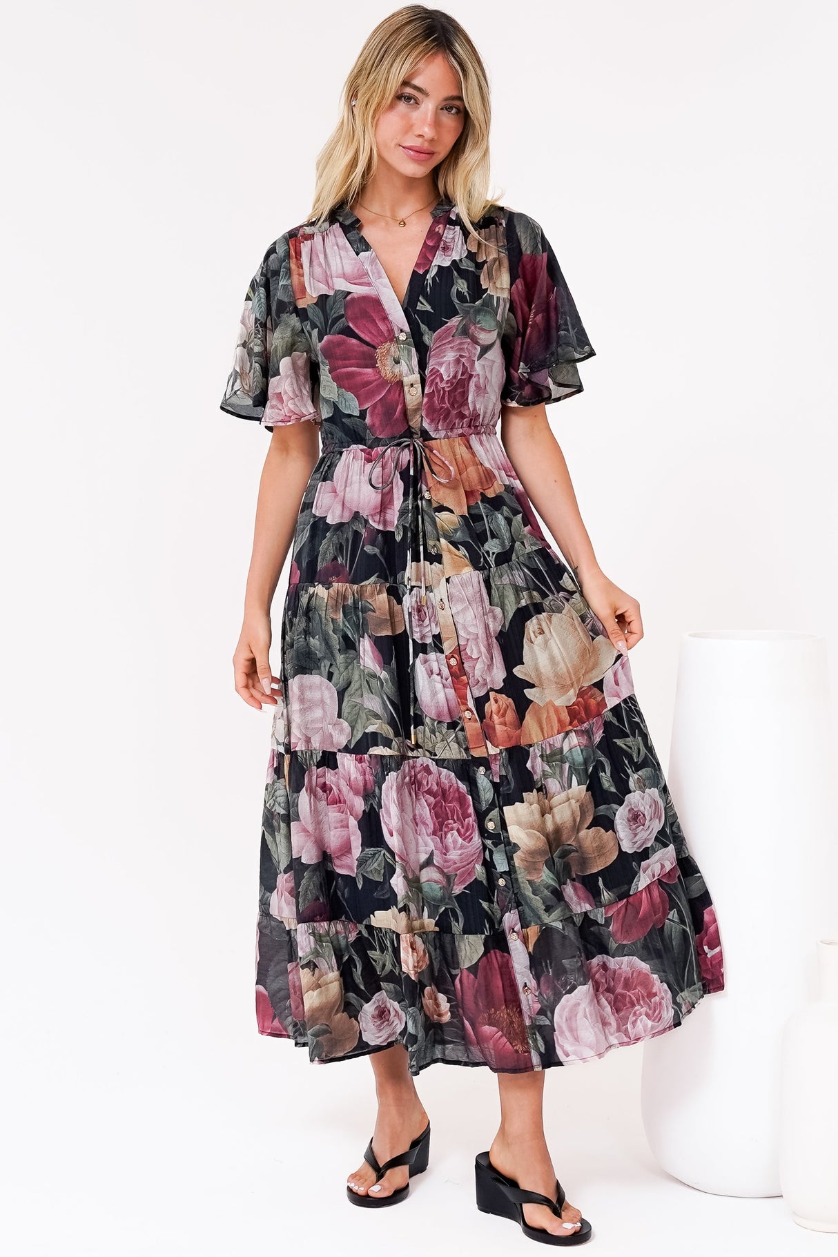 Vesna Midi Dress - Mandarin Collared Flutter Sleeve Shirt Dress with Waist Tie in Annalisa Print