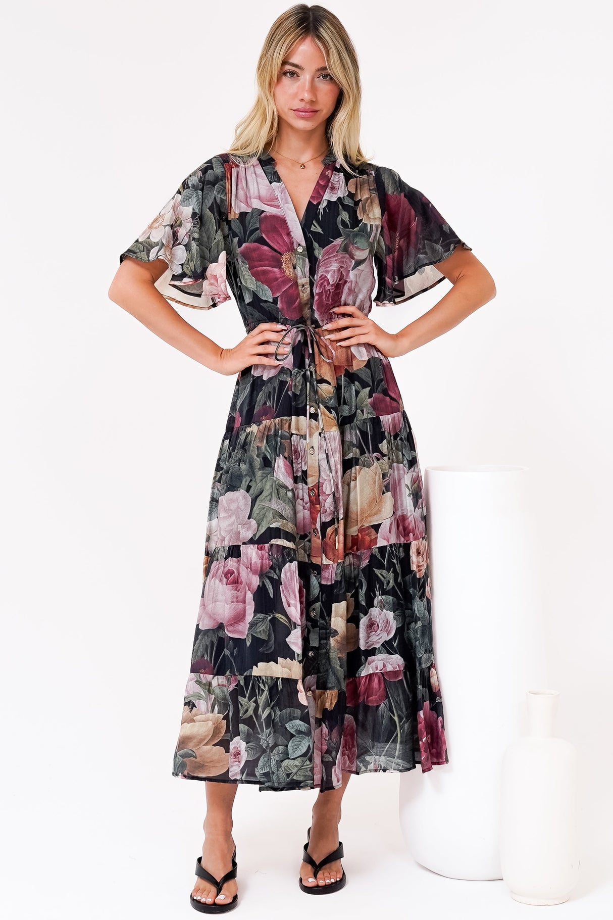 Vesna Midi Dress - Mandarin Collared Flutter Sleeve Shirt Dress with Waist Tie in Annalisa Print