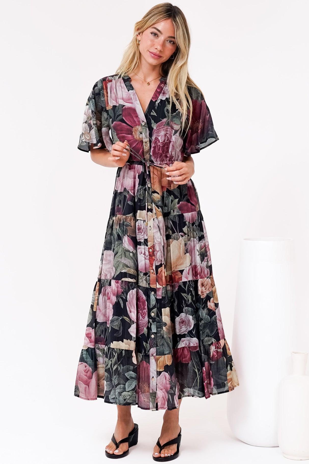 Vesna Midi Dress - Mandarin Collared Flutter Sleeve Shirt Dress with Waist Tie in Annalisa Print