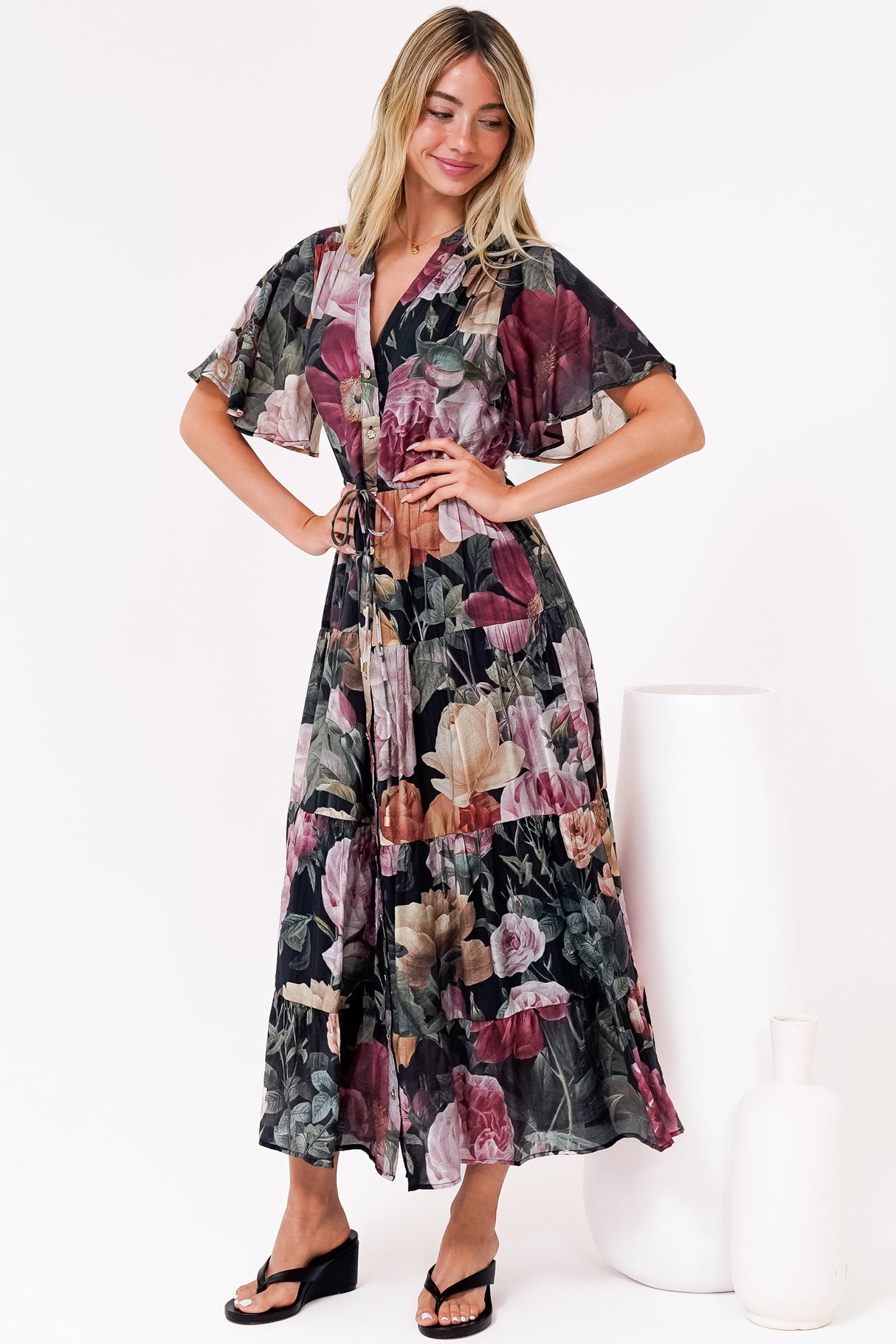 Vesna Midi Dress - Mandarin Collared Flutter Sleeve Shirt Dress with Waist Tie in Annalisa Print