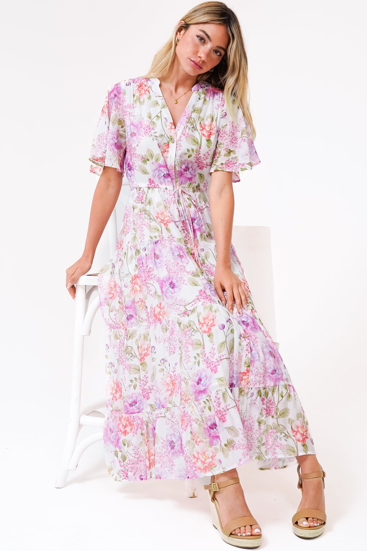 Vesna Midi Dress - Mandarin Collared Flutter Sleeve Shirt Dress with Waist Tie in Honora Print