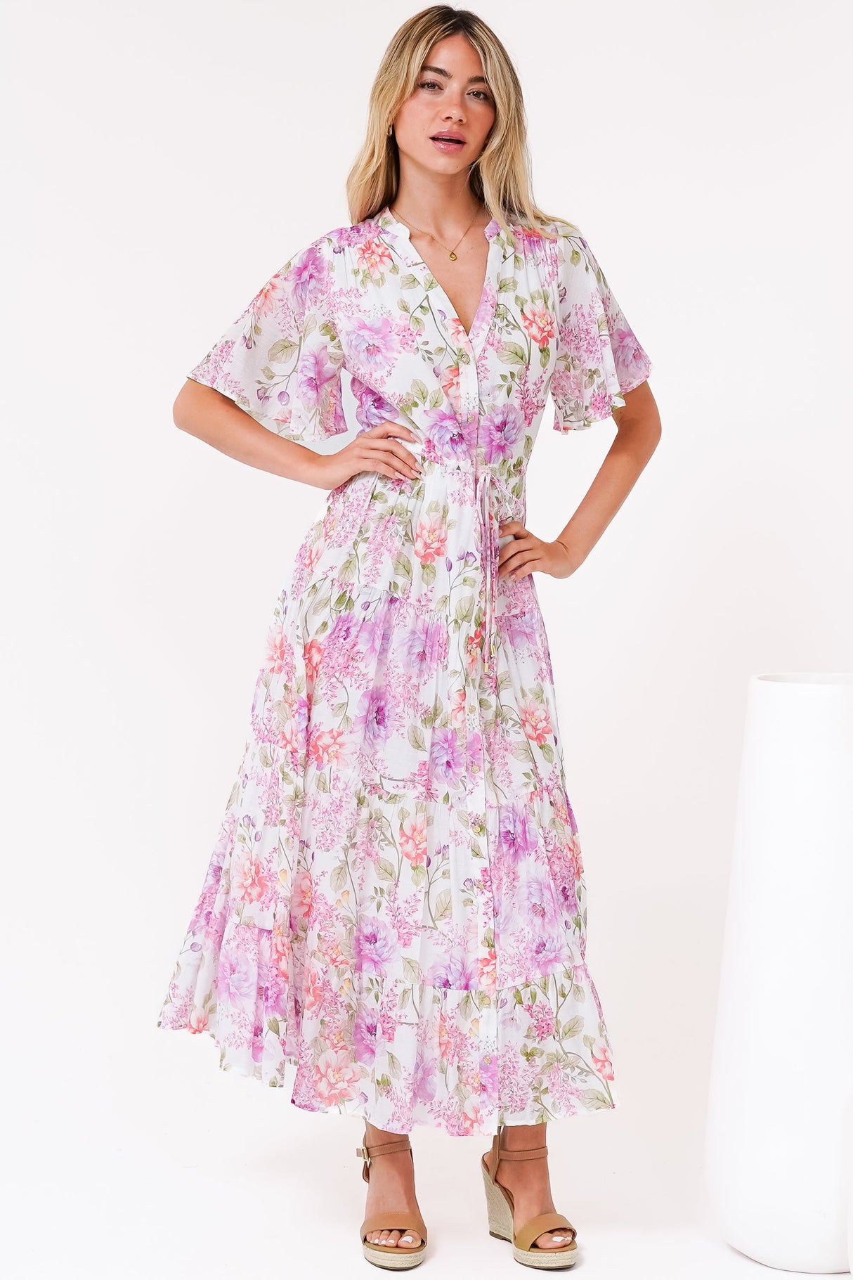 Vesna Midi Dress - Mandarin Collared Flutter Sleeve Shirt Dress with Waist Tie in Honora Print