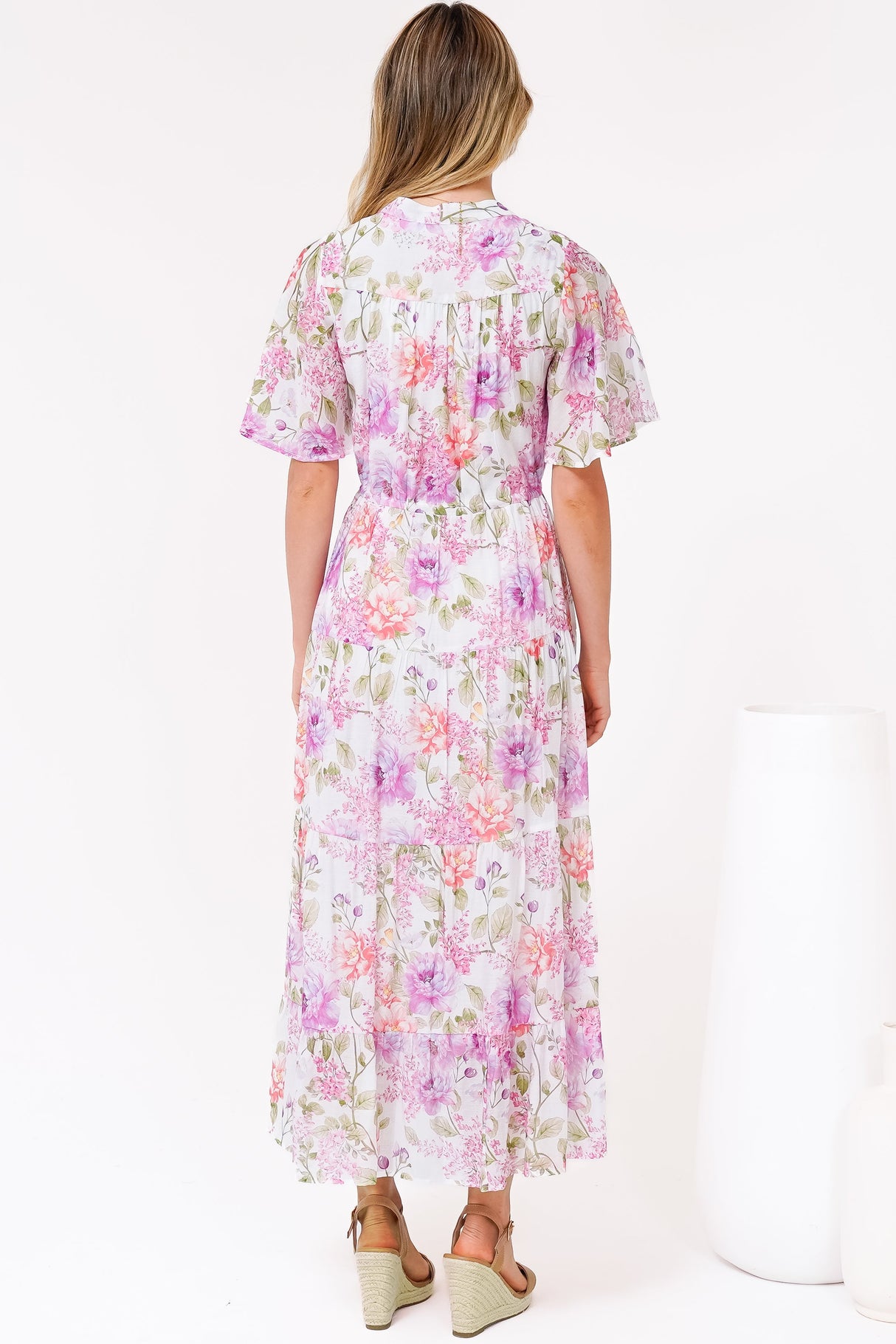 Vesna Midi Dress - Mandarin Collared Flutter Sleeve Shirt Dress with Waist Tie in Honora Print