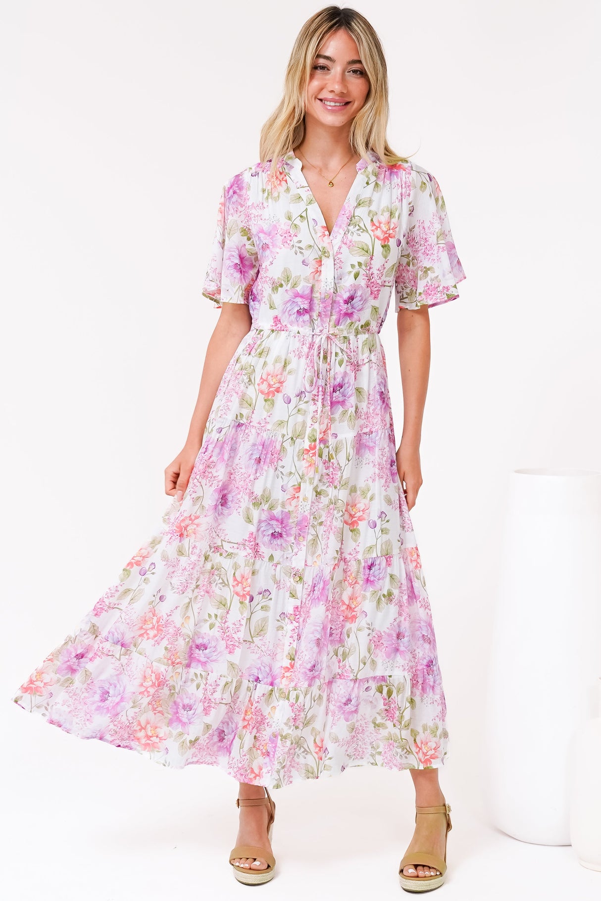Vesna Midi Dress - Mandarin Collared Flutter Sleeve Shirt Dress with Waist Tie in Honora Print