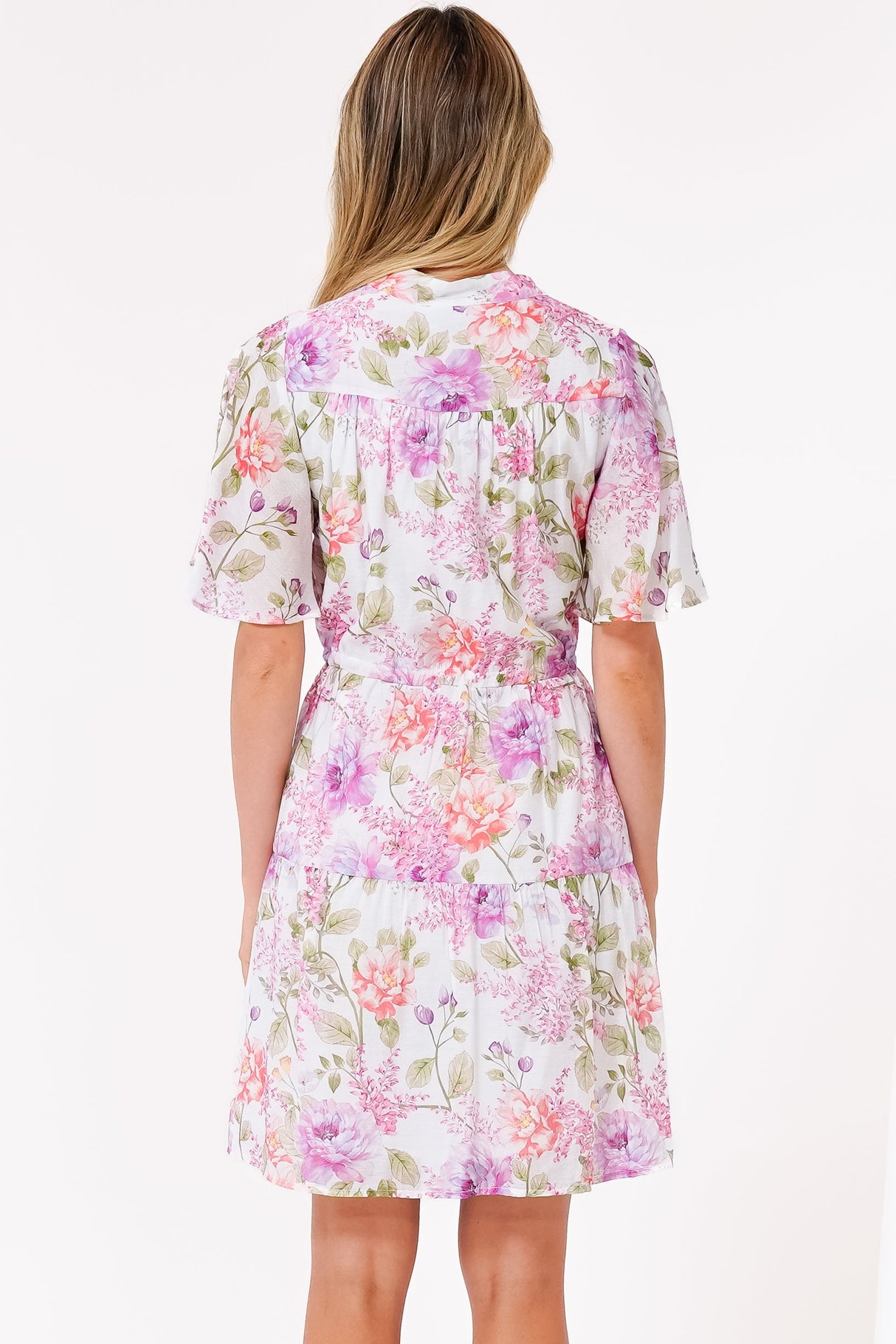 Vesna Mini Dress - Mandarin Collared Flutter Sleeve Shirt Dress with Waist Tie in Honora Print