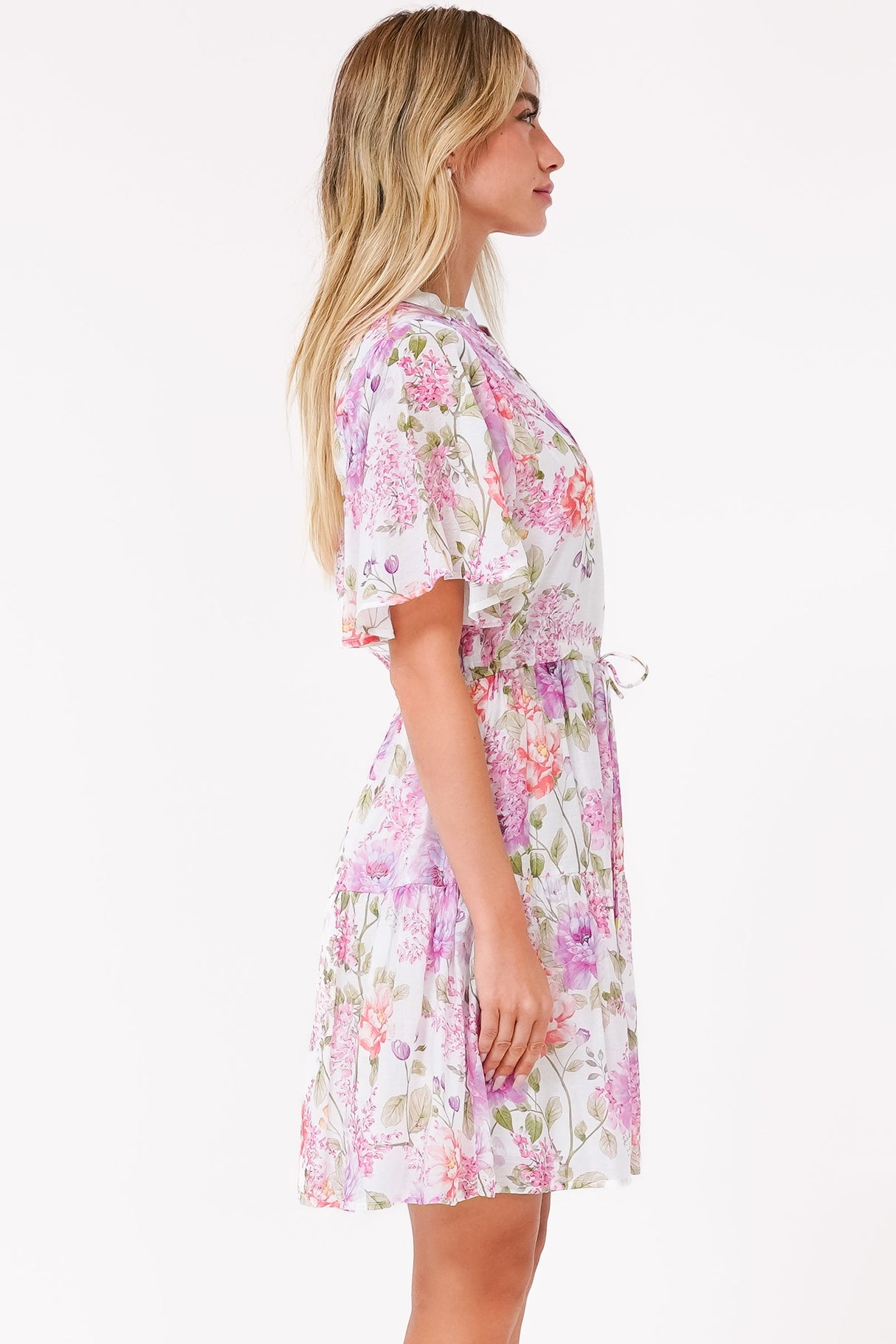 Vesna Mini Dress - Mandarin Collared Flutter Sleeve Shirt Dress with Waist Tie in Honora Print