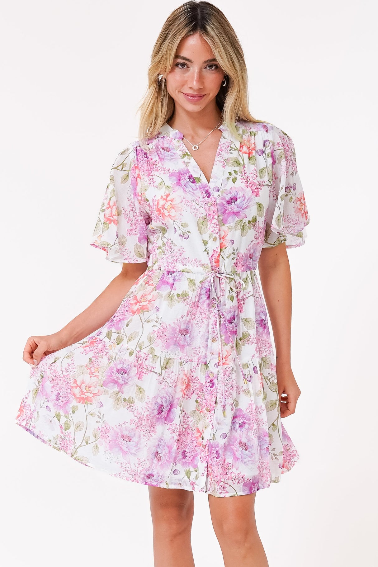 Vesna Mini Dress - Mandarin Collared Flutter Sleeve Shirt Dress with Waist Tie in Honora Print