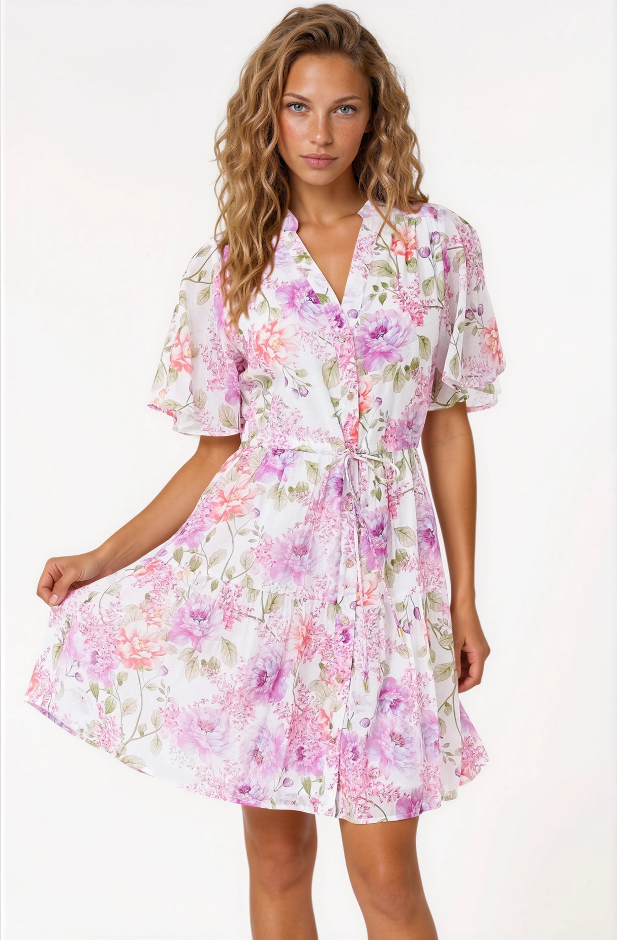 Vesna Mini Dress - Mandarin Collared Flutter Sleeve Shirt Dress with Waist Tie in Honora Print