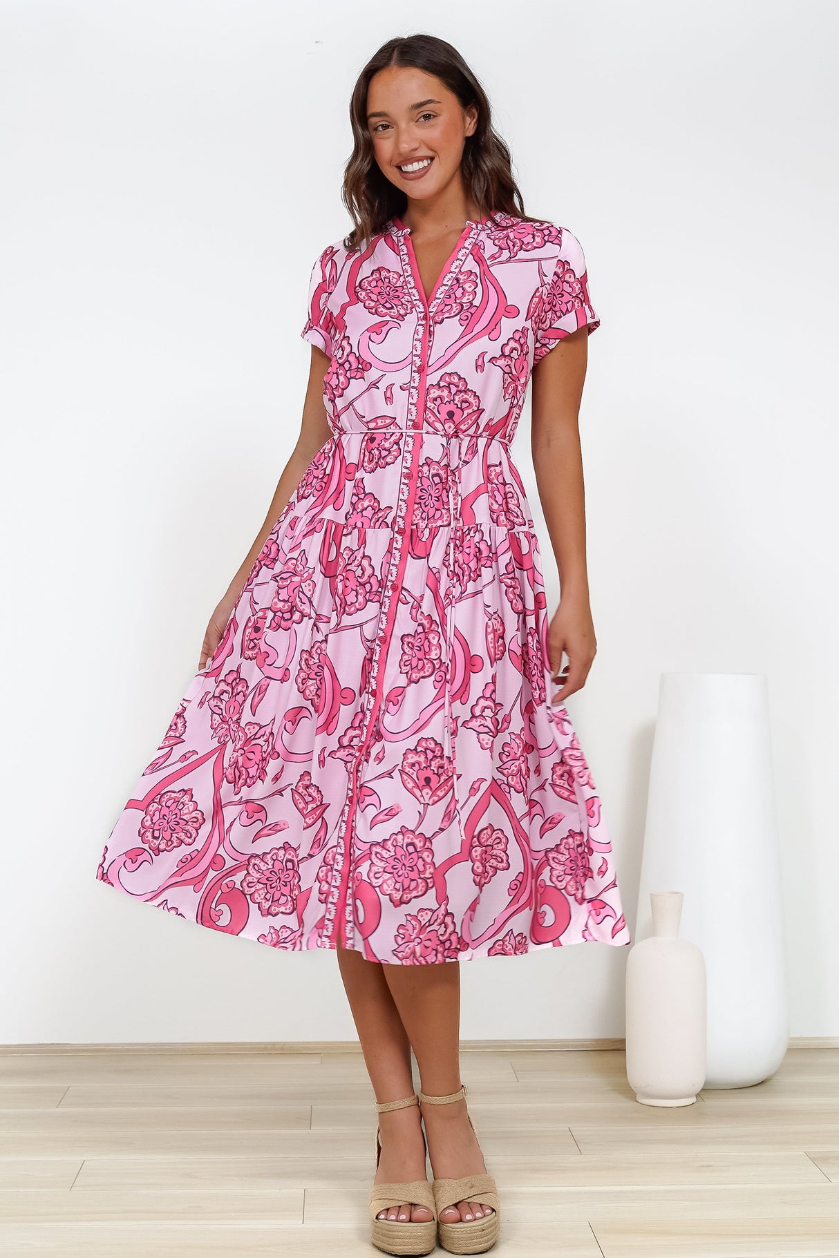 Vianne Midi Dress - Mandarin Collar Shirt Dress with String Belt in Rozana Print