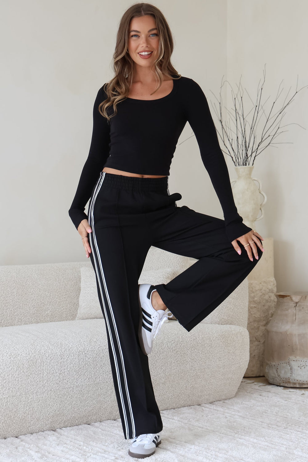 Victoria Pants - High Waisted Sports Stripe Side Seams in Black