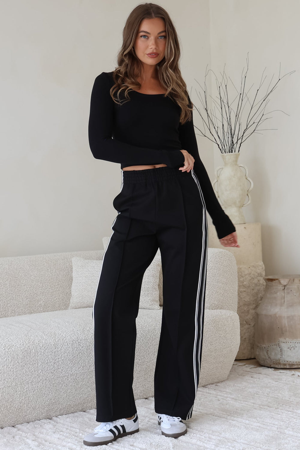 Victoria Pants - High Waisted Sports Stripe Side Seams in Black