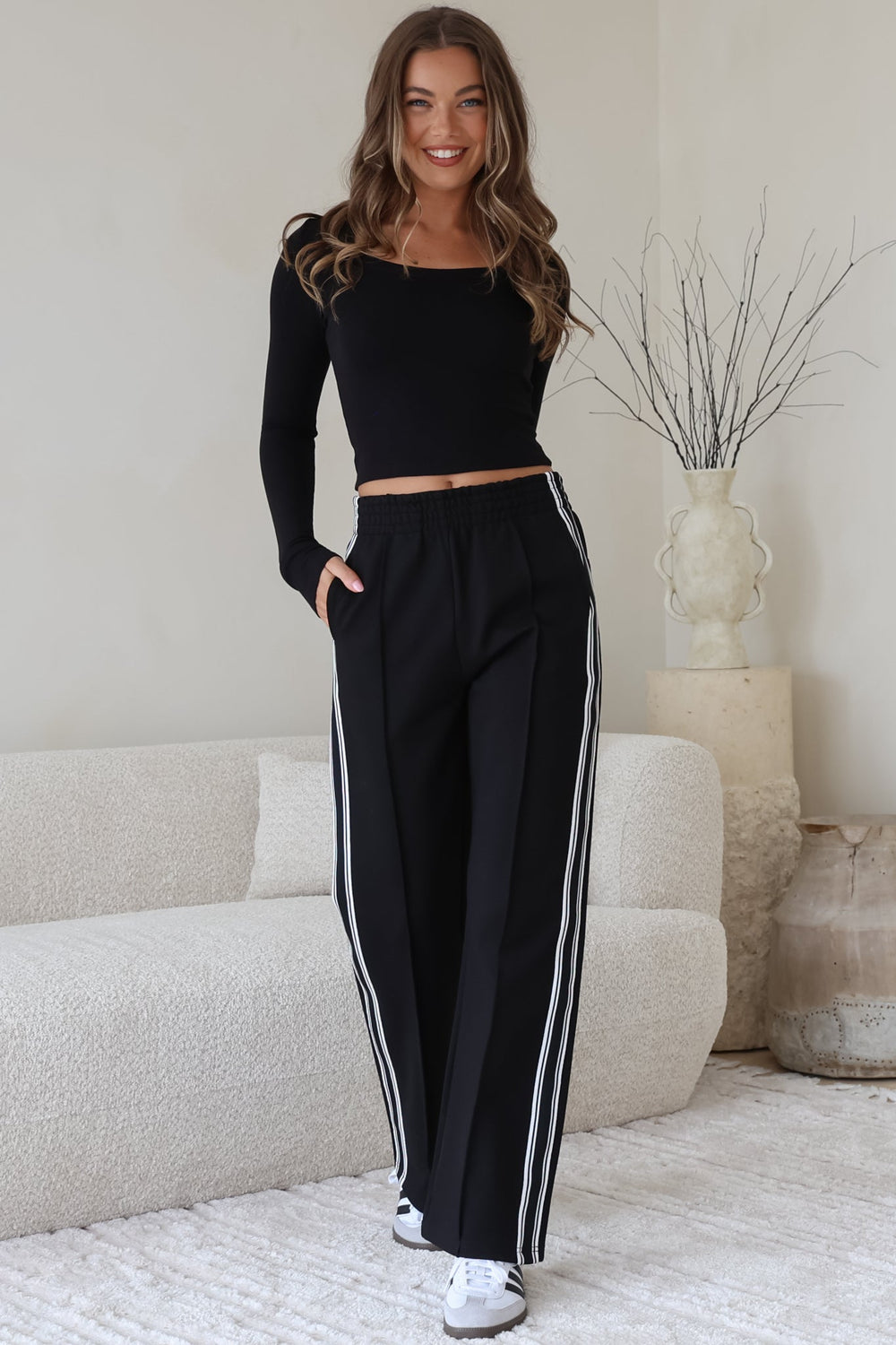 Victoria Pants - High Waisted Sports Stripe Side Seams in Black