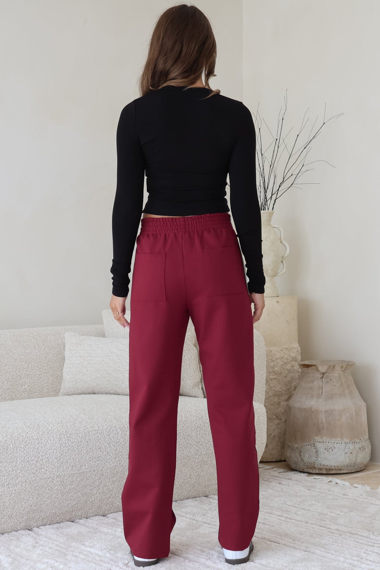 Victoria Pants - High Waisted Sports Stripe Side Seams in Wine