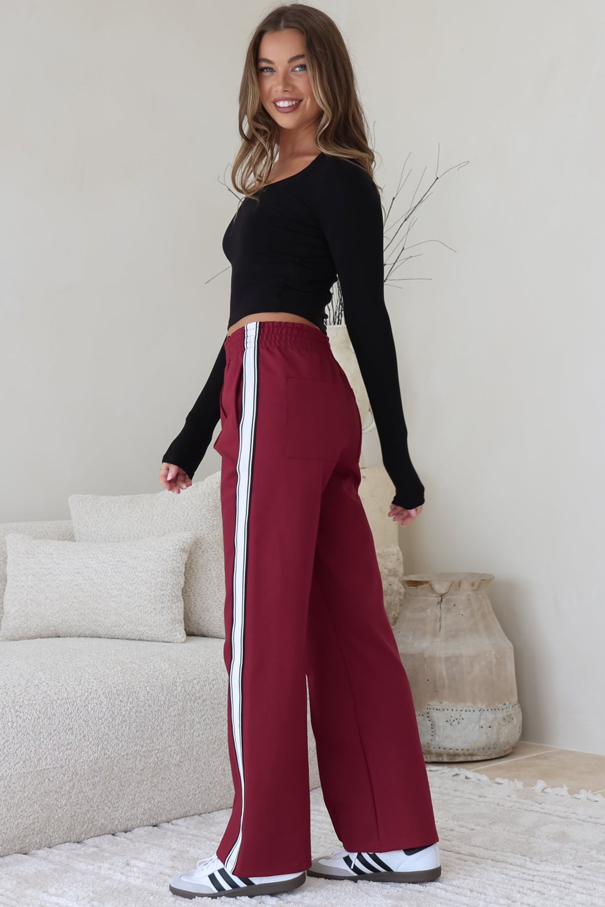 Victoria Pants - High Waisted Sports Stripe Side Seams in Wine
