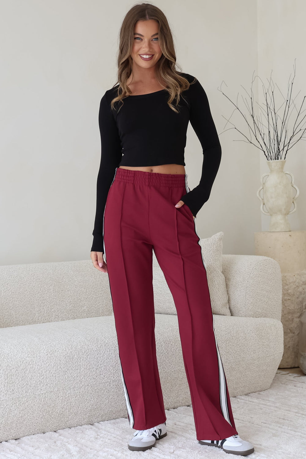 Victoria Pants - High Waisted Sports Stripe Side Seams in Wine