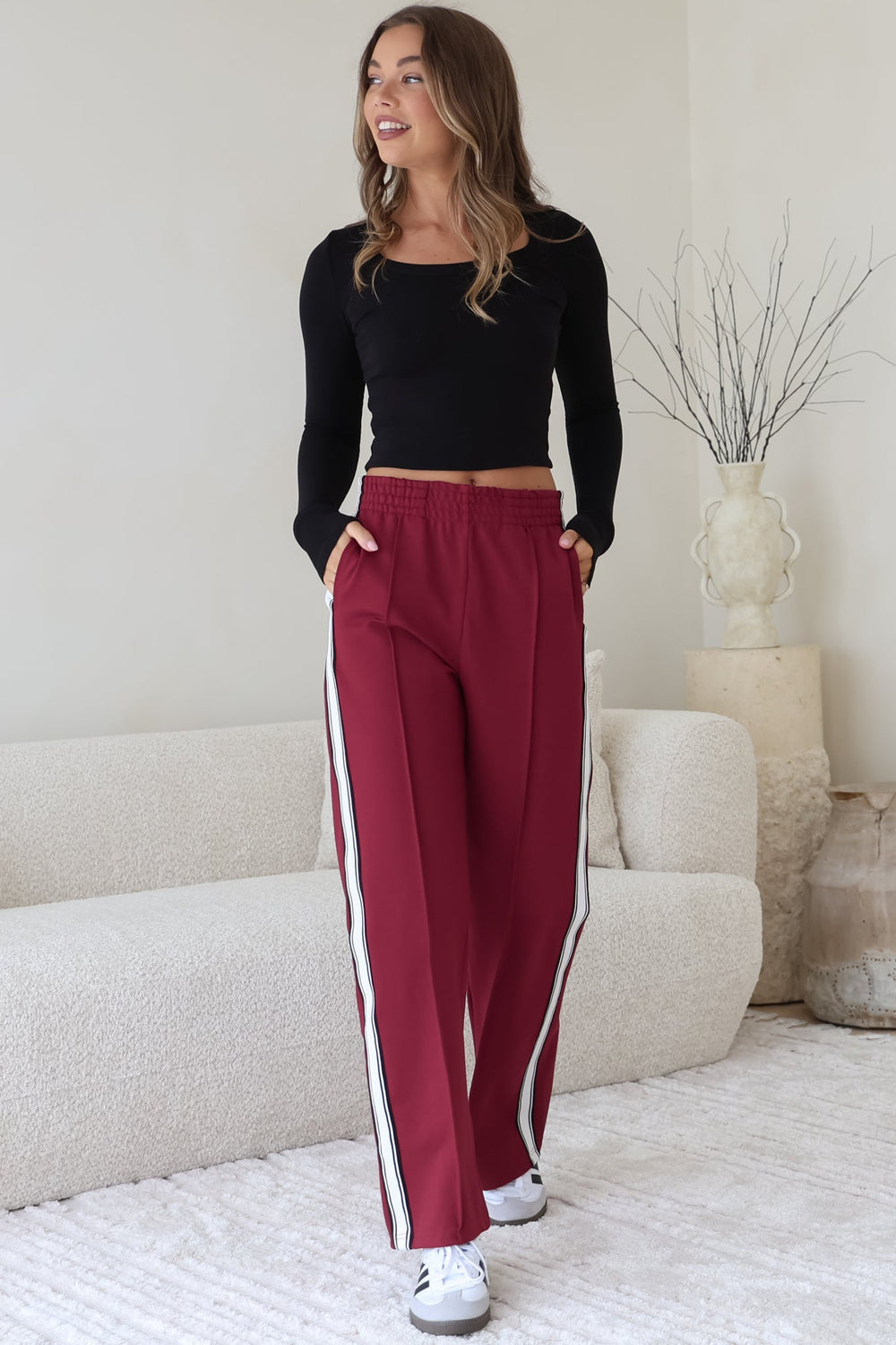 Victoria Pants - High Waisted Sports Stripe Side Seams in Wine