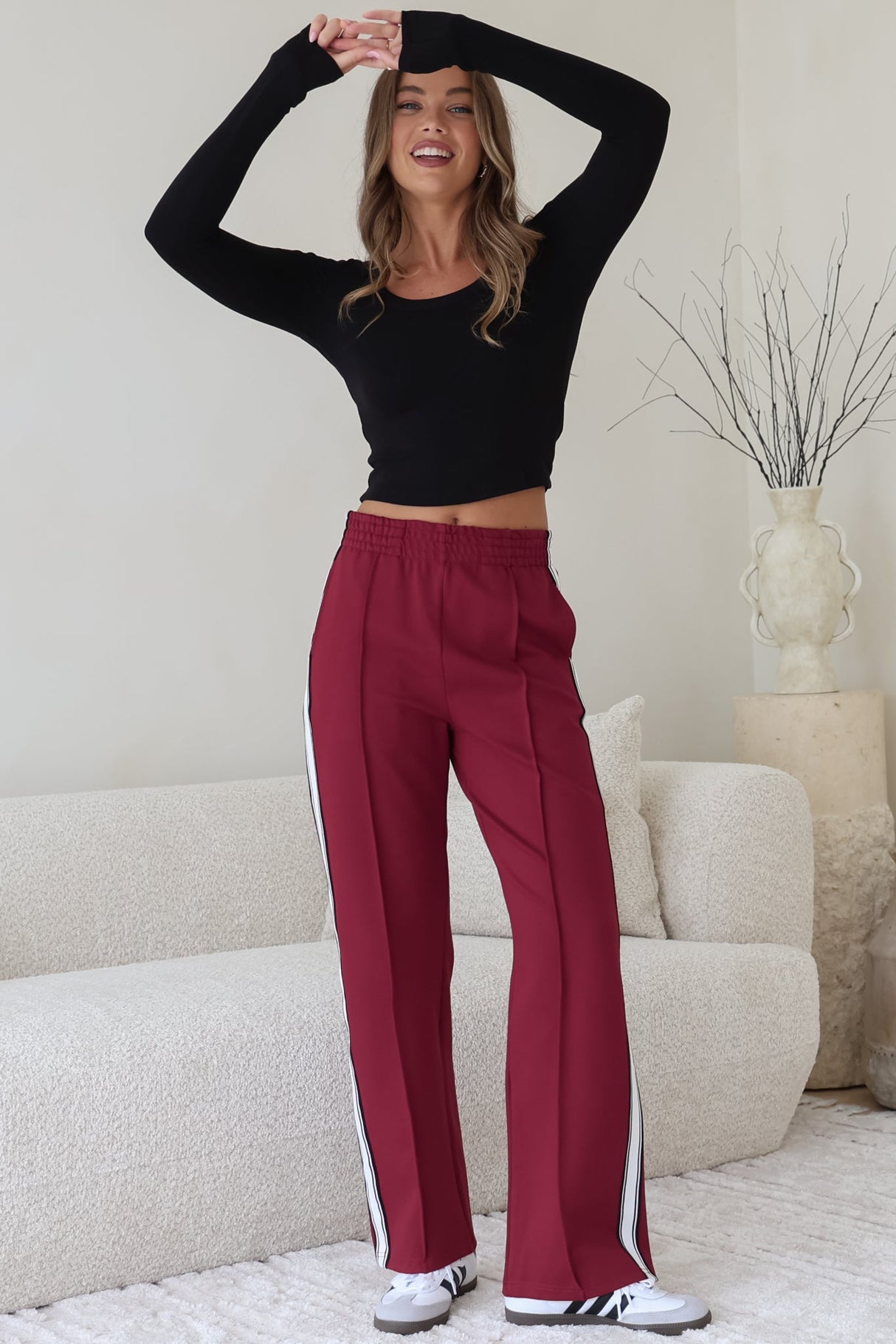 Victoria Pants - High Waisted Sports Stripe Side Seams in Wine