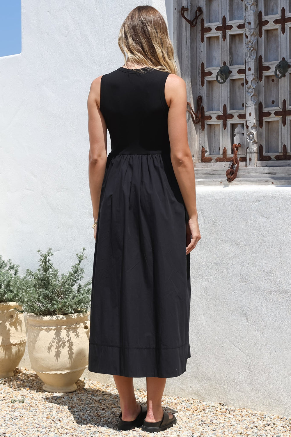 Vikki Midi Dress - Jersey Bodice Sleeveless A-Line Dress in Black