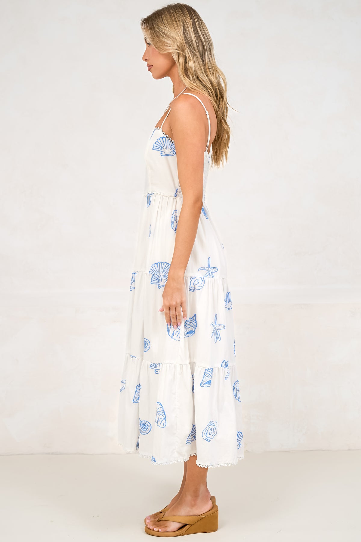 Viliana Midi Dress - Lace Trim Square Neck Tiered Sun Dress with Pockets in Opaline Print
